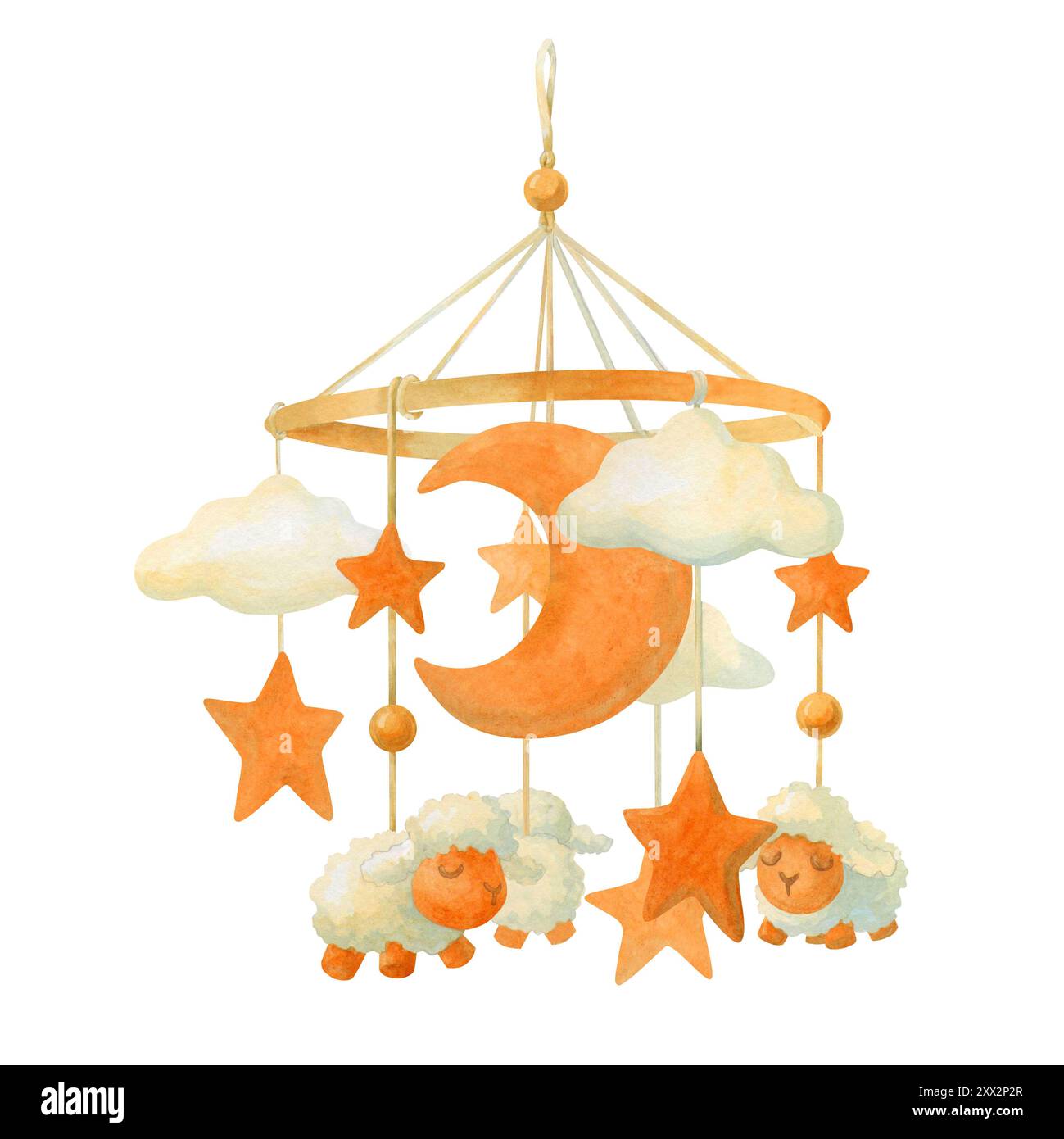 Giostrina con agnello e stelle. Giocattolo appeso per culla per neonati. Accessorio a sospensione con nuvole e luna-to-nursery. La doccia del bambino isolava il clipart Foto Stock