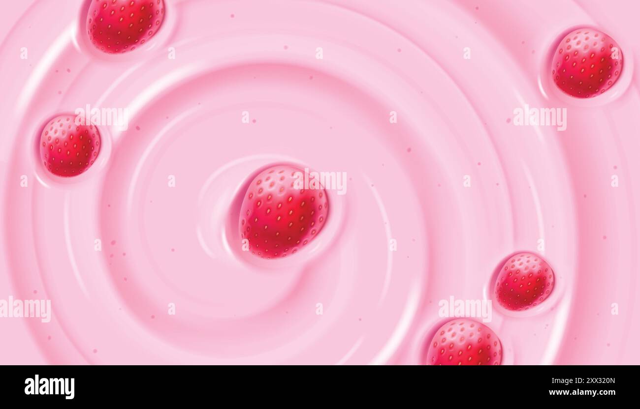 Superficie di yogurt rosa o gelato con motivo a forma di fragola e vortice. Latte cremoso prodotto morbido a base di bacche dolci. Sfondo vettoriale realistico del sorbetto estivo da dessert o budino liscio da latte. Illustrazione Vettoriale