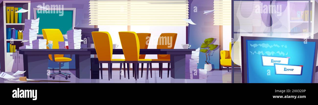 Sporca l'interno dell'ufficio con molta carta in pile e volanti. Lavoro eccessivo, problemi aziendali e concetto di linea morta. Scrivania con computer e tavolo per conferenze pieno di documenti, schermo del pc con segnale di errore. Illustrazione Vettoriale