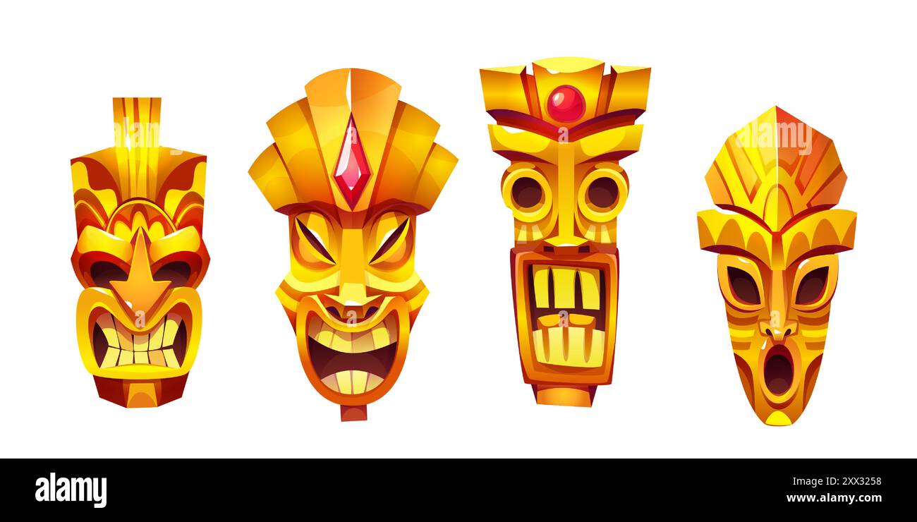 Maschera tiki dorata con pietre rosa. Set vettoriale di cartoni animati con testa di totem rituale tradizionale tribale con facce divertenti e spaventose. Gioiello d'oro, antico tesoro culturale per il design hawaiano. Illustrazione Vettoriale