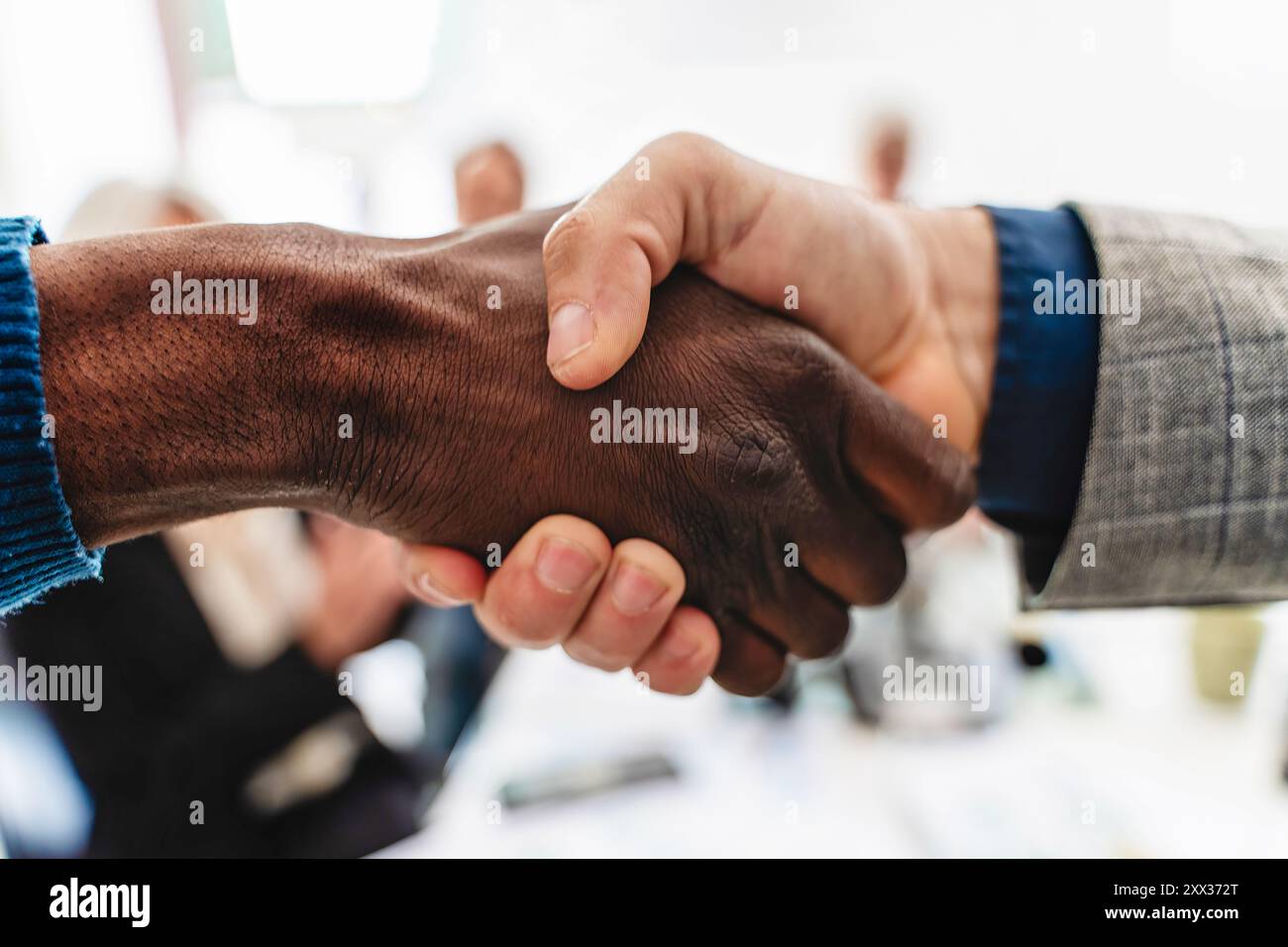 Primo piano di una stretta di mano ferma tra uomini d'affari africani e caucasici, simboleggiando l'uguaglianza razziale, la diversità sul posto di lavoro e il successo del business Foto Stock