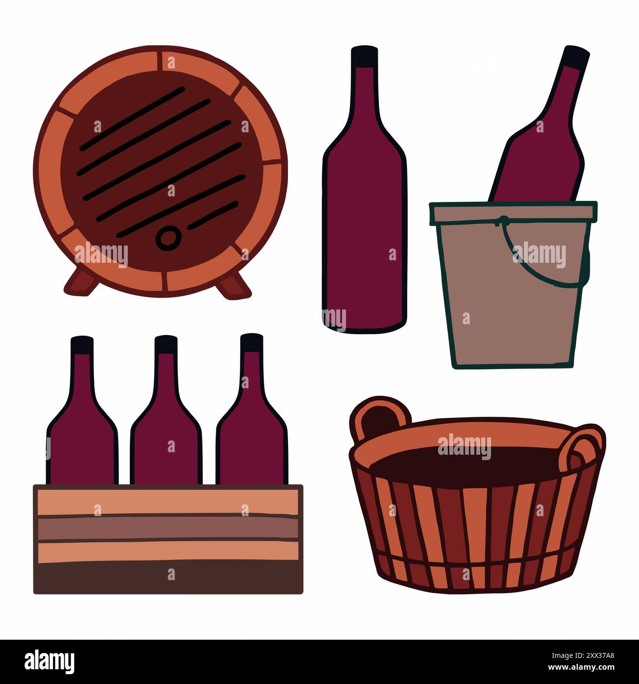 Un set di vini rustici con bottiglie, botte e contenitori in un vigneto durante la stagione della vendemmia Illustrazione Vettoriale