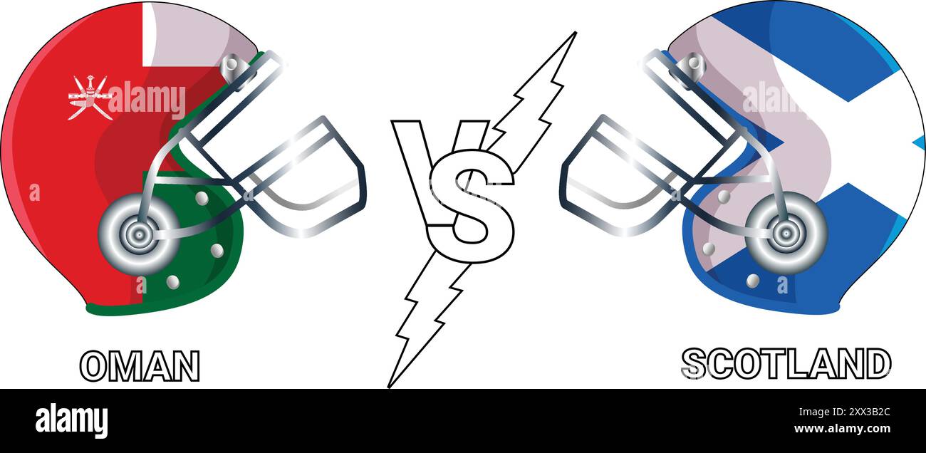 Bandiere vettoriali Oman vs Scotland 3D sull'elmetto da cricket per la partita Versus con sfondo trasparente Illustrazione Vettoriale