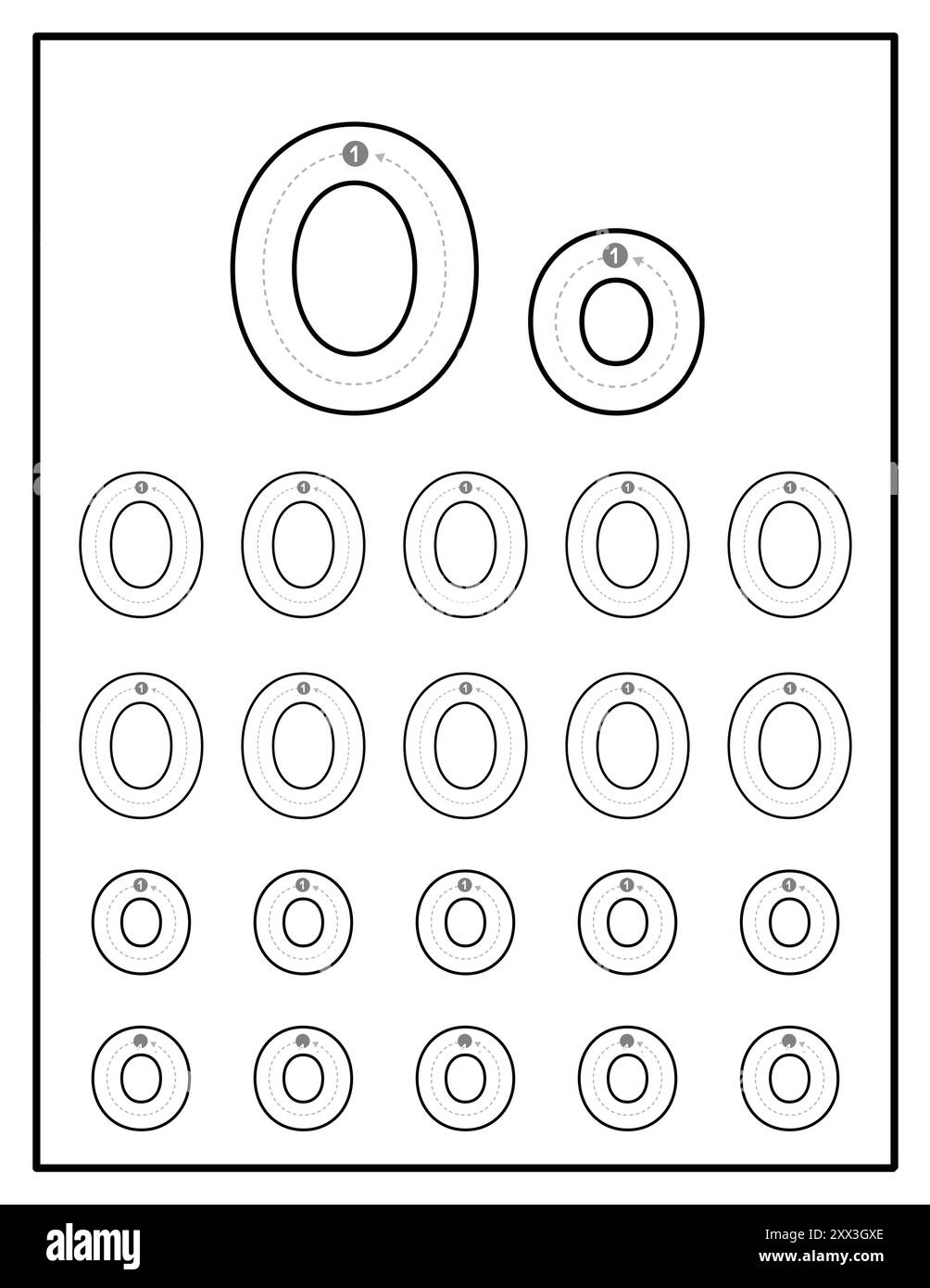 Fogli di lavoro di tracciamento alfabetico per bambini con lettere maiuscole e minuscole pagine di esercitazione lettera O. Illustrazione Vettoriale