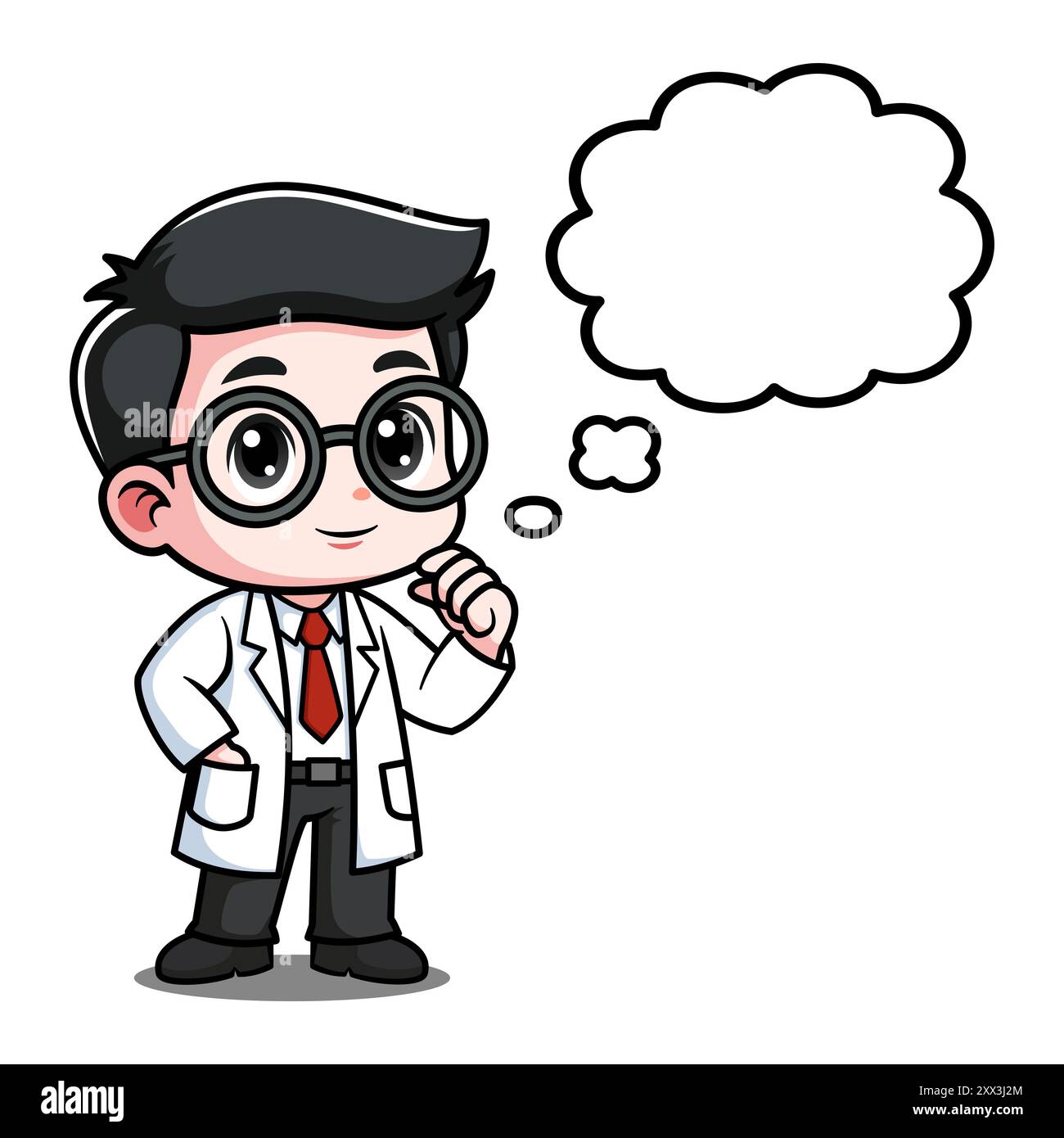 Carino scienziato Cartoon personaggio che pensa con Speech Bubble Illustrazione Vettoriale