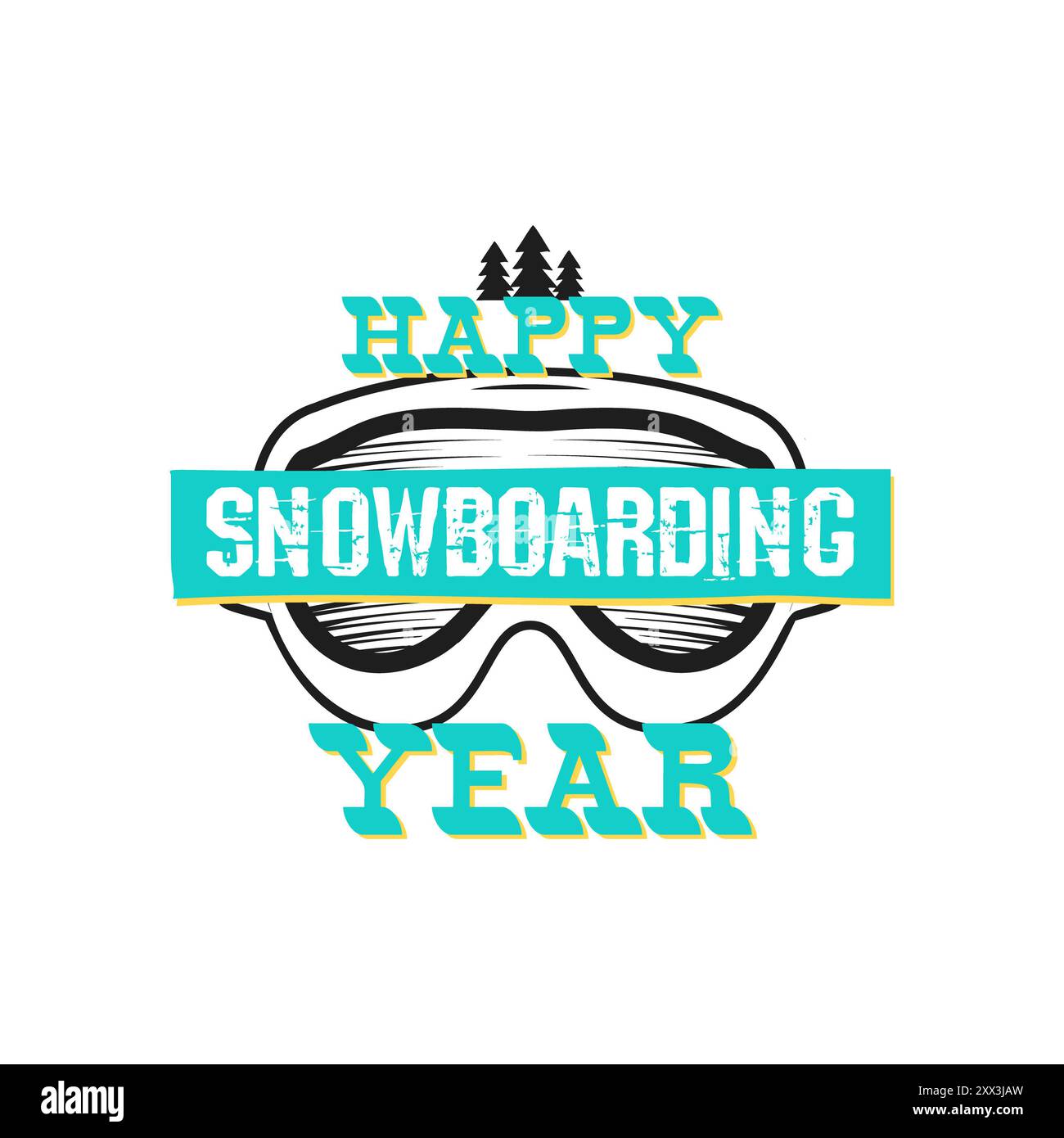 Grafica con logo snowboard. Etichetta buon anno di snowboard. Badge invernale con occhiali. Insegne di scorta Foto Stock