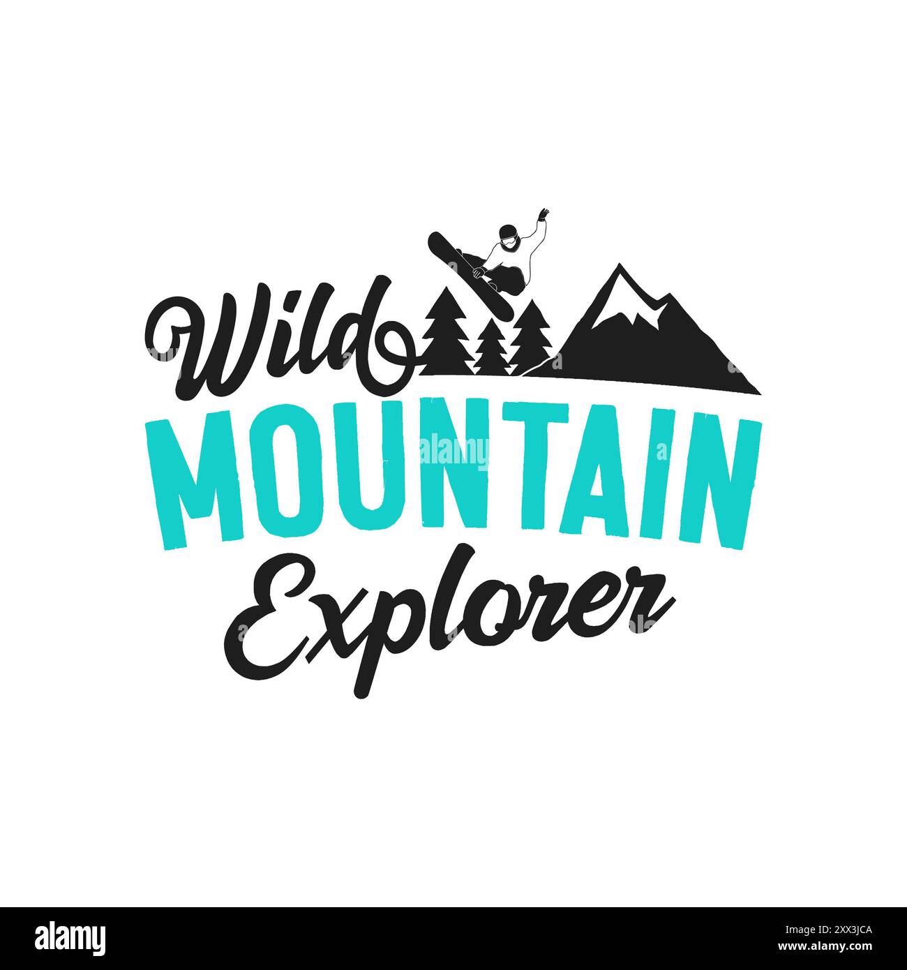 Grafica con logo snowboard. Etichetta Wild Mountain explorer. Badge invernale con occhiali. Insegne di scorta Foto Stock