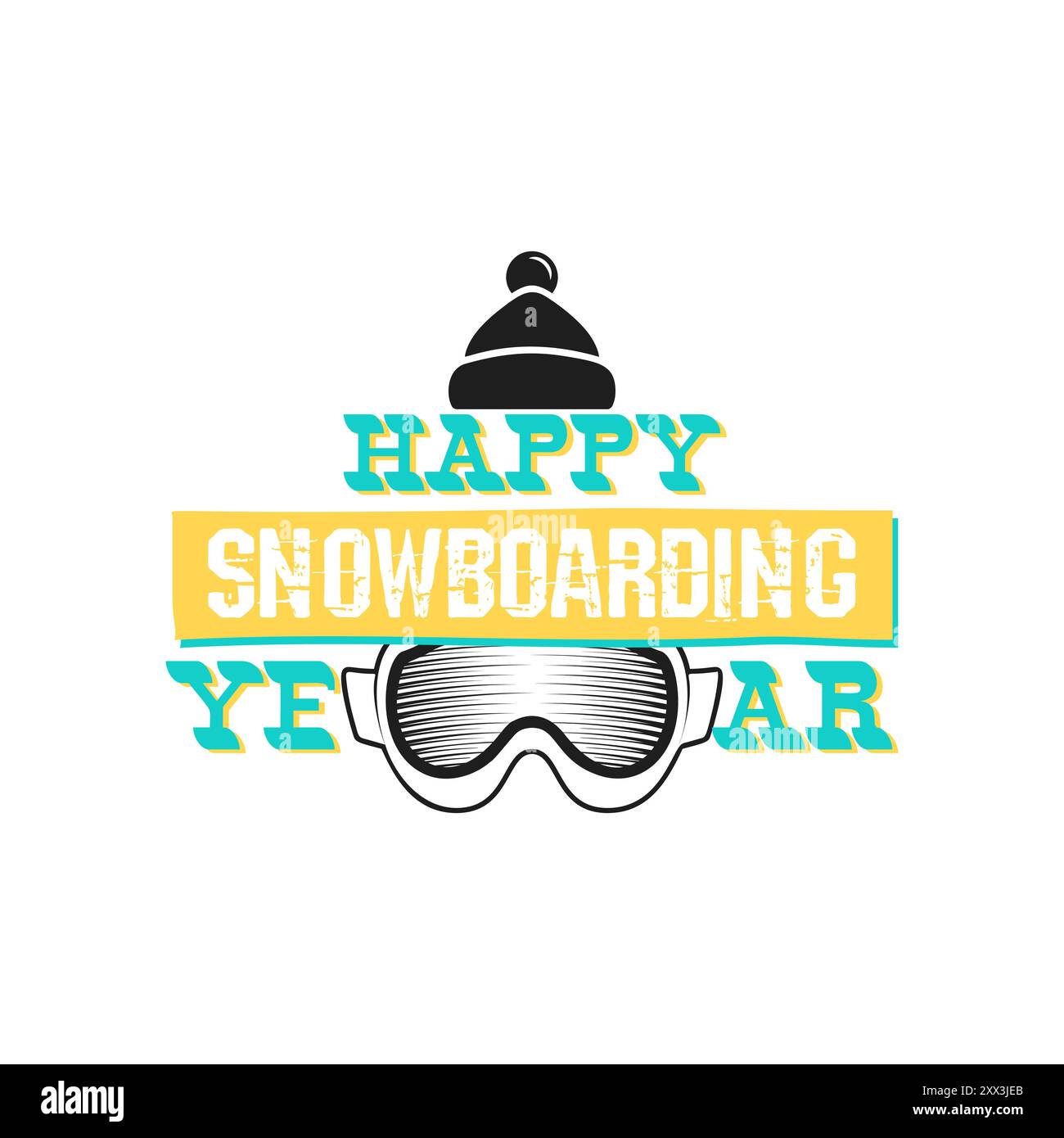 Grafica con logo snowboard. Etichetta buon anno di snowboard. Badge invernale con occhiali e cappello. Insegne vettoriali stock Illustrazione Vettoriale