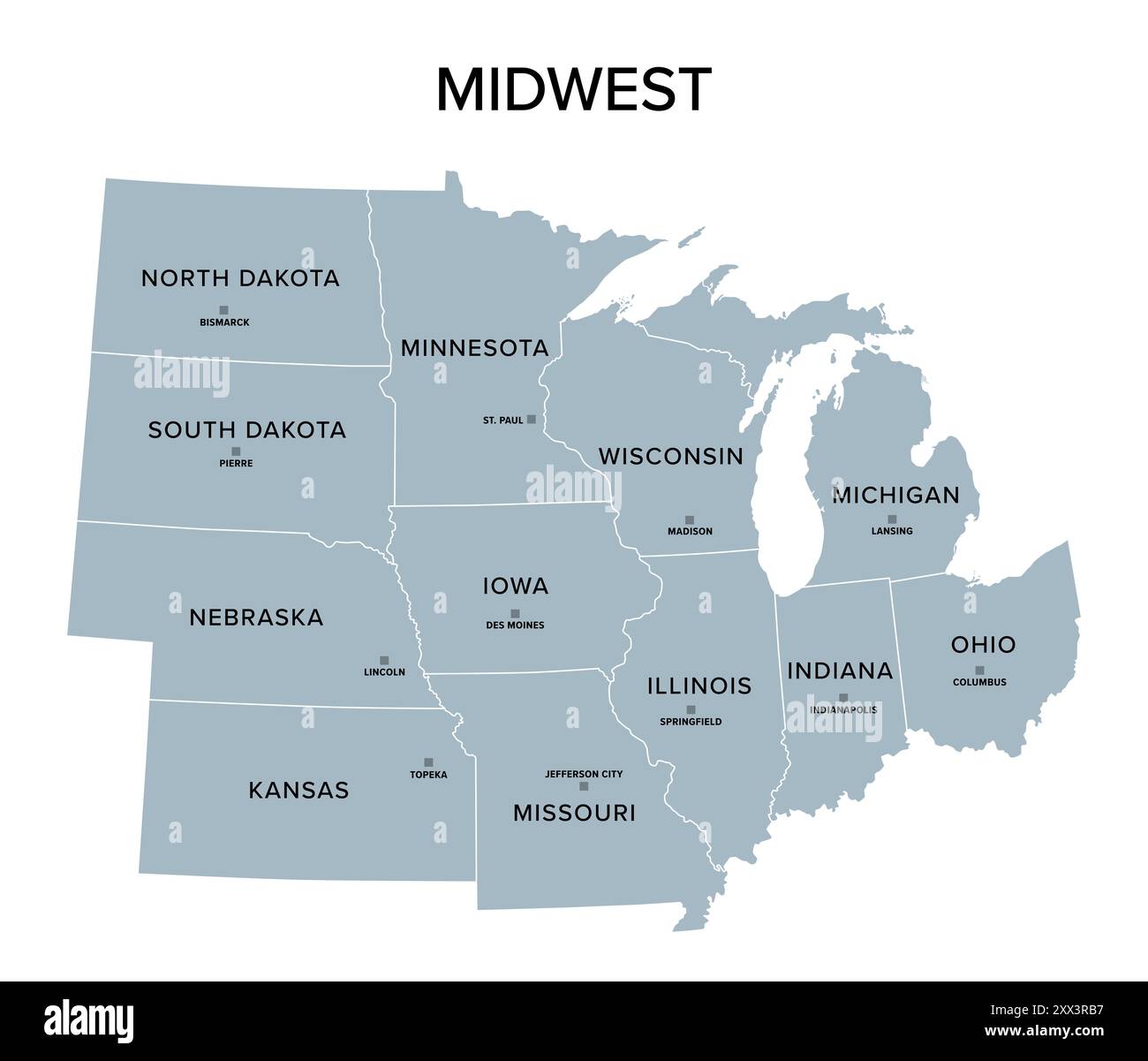 Midwest, regione censuaria degli Stati Uniti d'America, mappa politica grigia della regione censuaria 2, composta da 12 singoli stati. Foto Stock