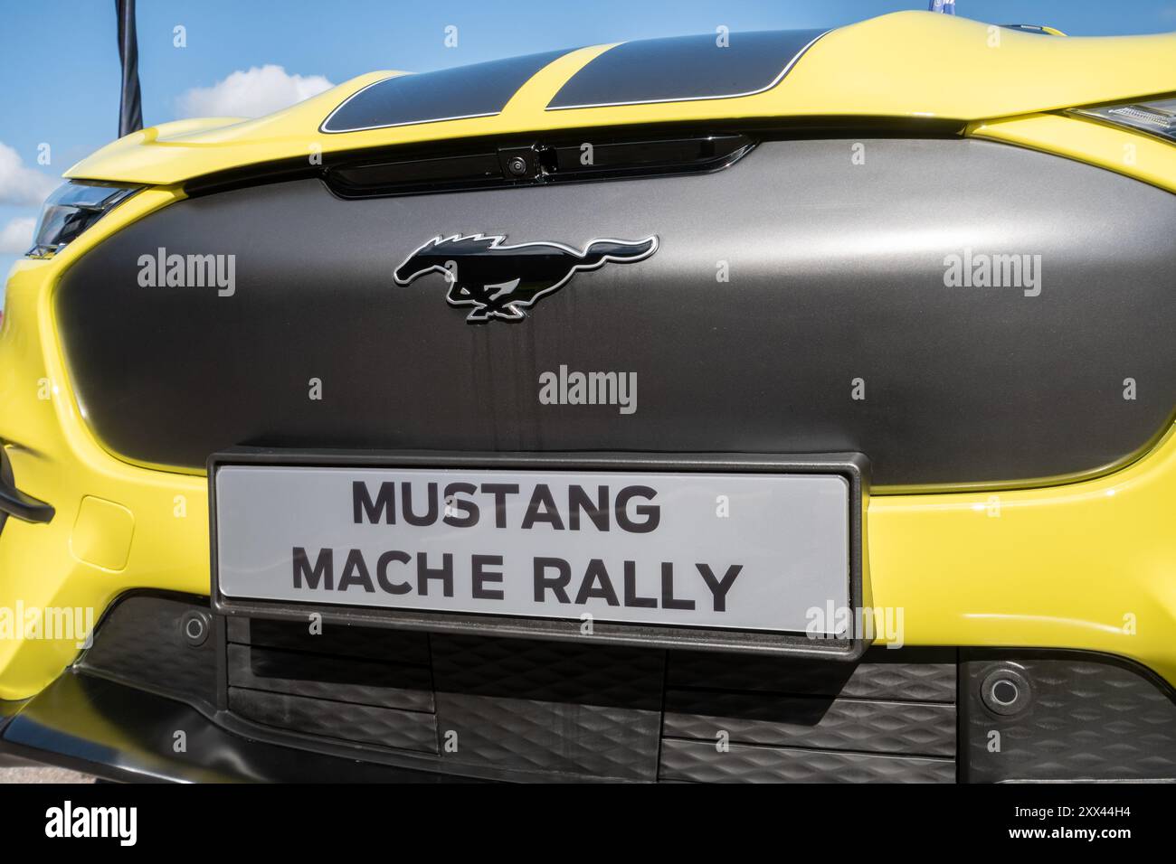 British Motor Show 2024, tenutosi a Farnborough, Hampshire, Inghilterra, Regno Unito, dal 15 al 18 agosto 2024. Giorno 2 dell'evento annuale al Farnborough International Exhibition Centre. Una nuova Ford Mustang Mach e Rally in mostra. Foto Stock