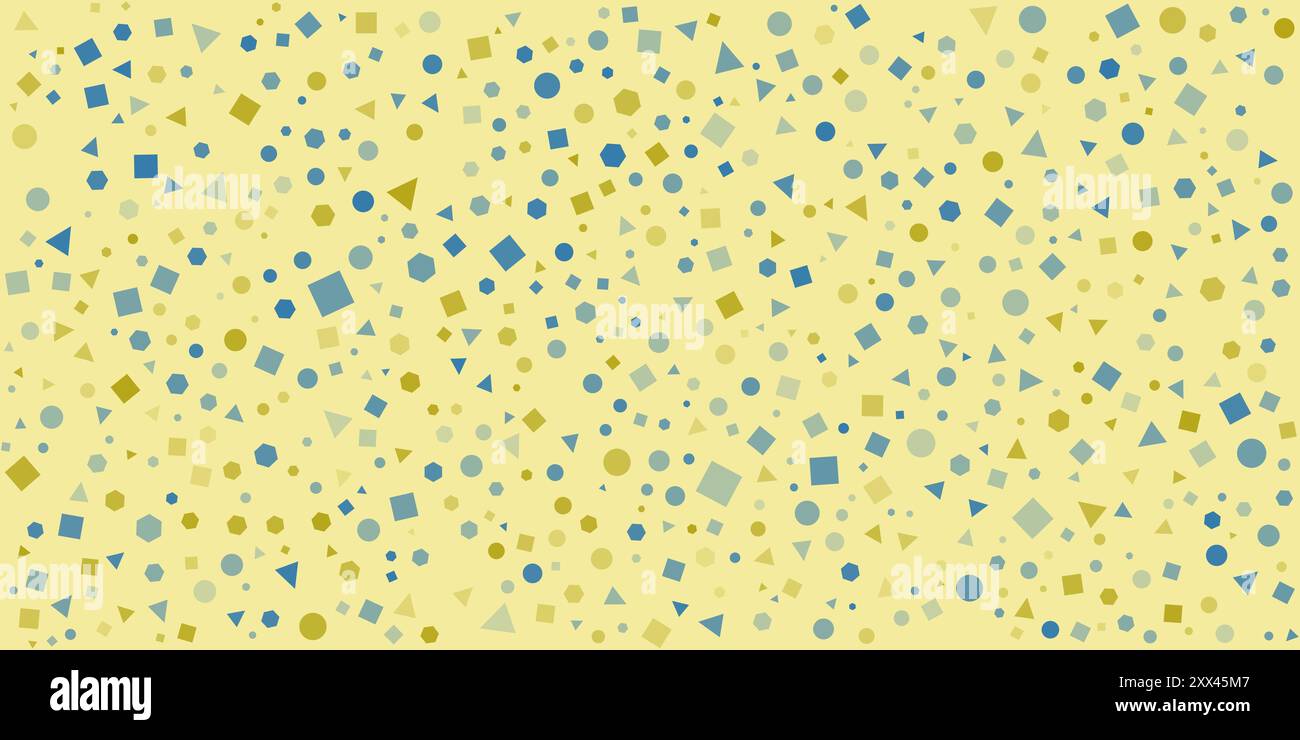 Numerosi quadrati colorati posizionati in modo casuale, dimensionati e orientati, spot, esagoni e triangoli motivo-stile moderno sfondo texture geometrica, Illustrazione Vettoriale