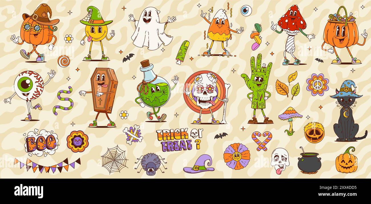 Cartoni animati retrò personaggi di Halloween. Vector cute ghost, zucca hippie, trippy zombie mano, strega gatto e funghi. Mostro psichedelico teschio di Halloween, dolcetti o dolcetti, margherite Illustrazione Vettoriale