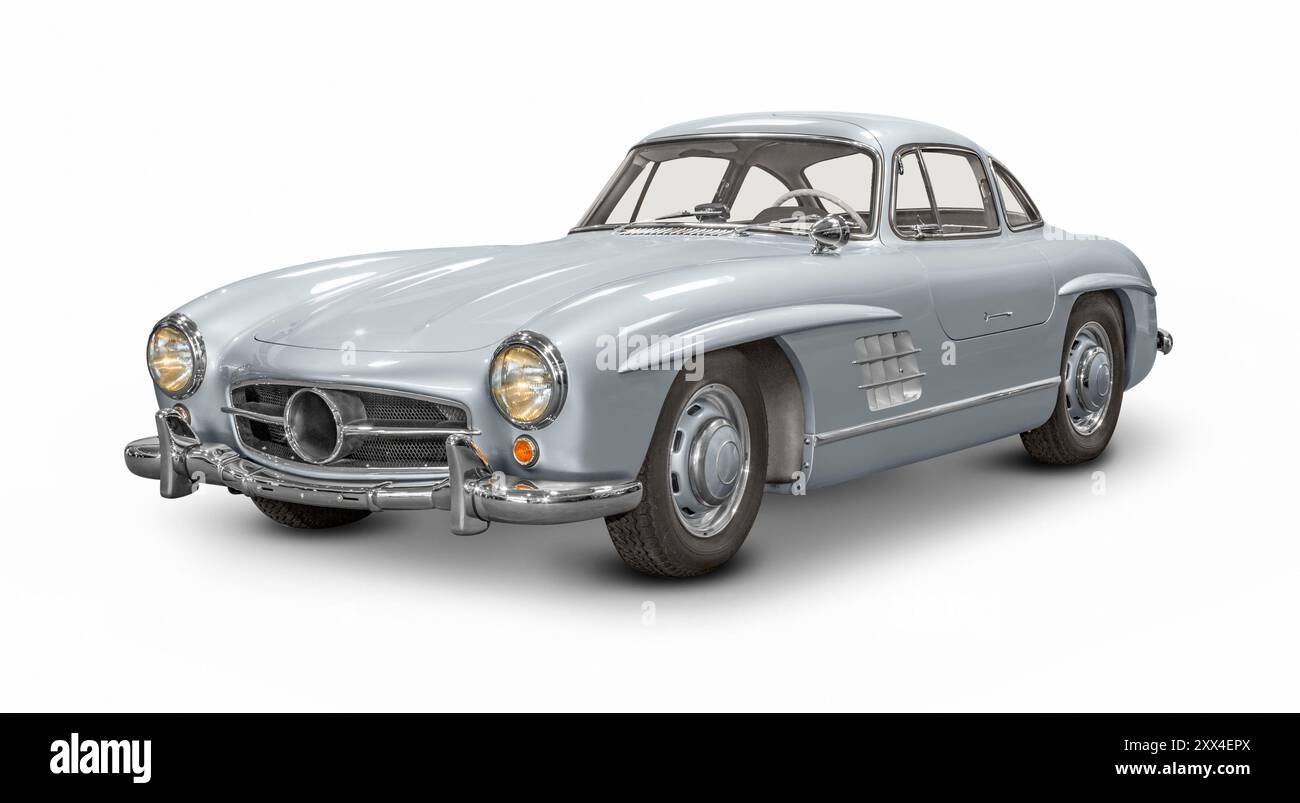Vettura storica coupé color argento con dorso bianco e ombra Foto Stock
