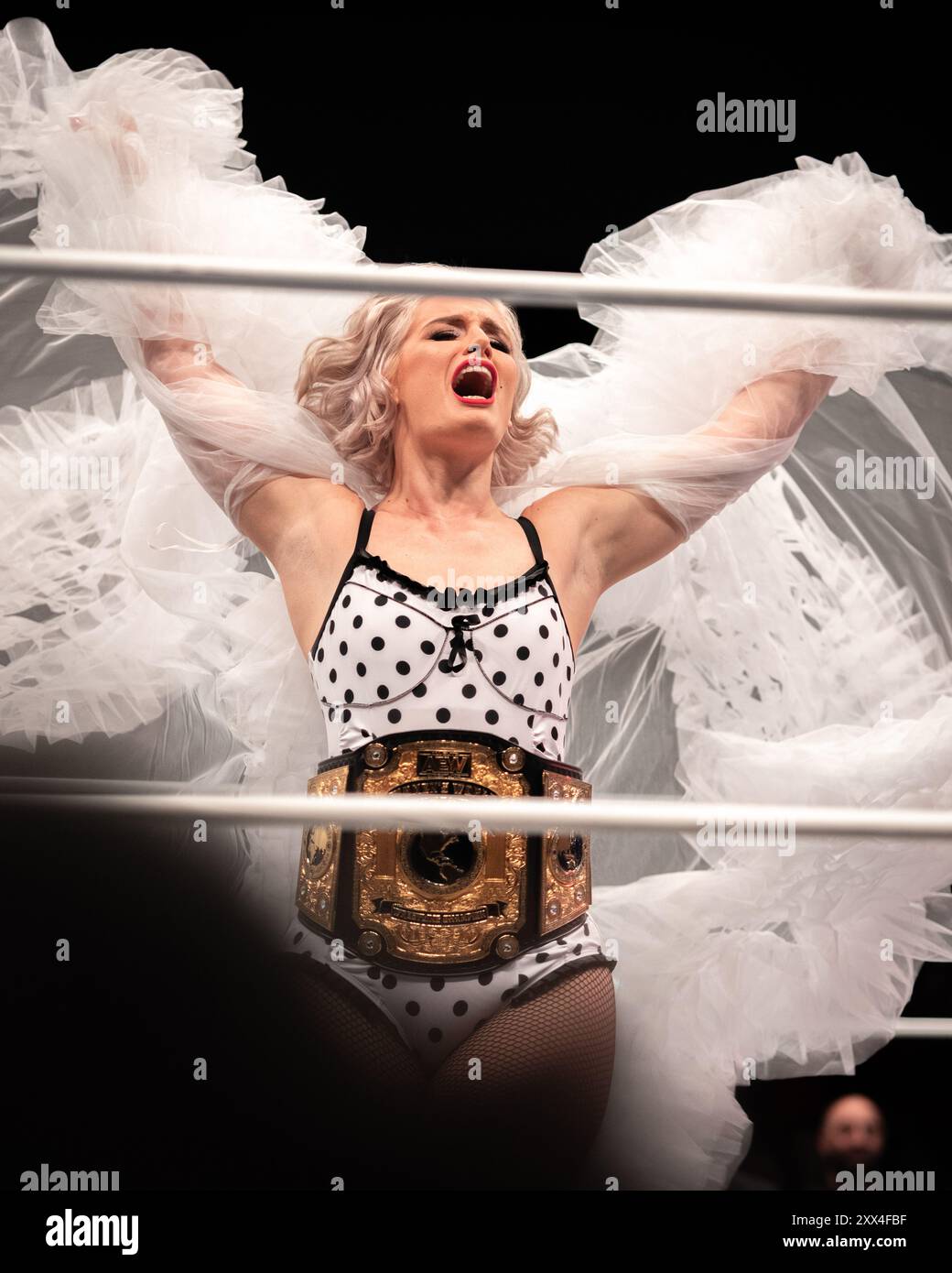Cardiff, Regno Unito. 21 agosto 20214 AEW Dynamite (21 agosto 2024) è stata emanata dalla Utilita Arena di Cardiff, Galles. Lo show vide Bryan Danielson mostrare il suo spirito combattivo, Britt Baker che servì per vendicare Kamille in un contratto con Mercedes Moné, Chris Jericho che sconfisse Tommy Billington. Toni Storm sconfisse Saraya per mantenere il titolo e altri ancora in casa a All in. All Elite Wrestling all'Utilia Arena di Cardiff, Galles. Foto Stock