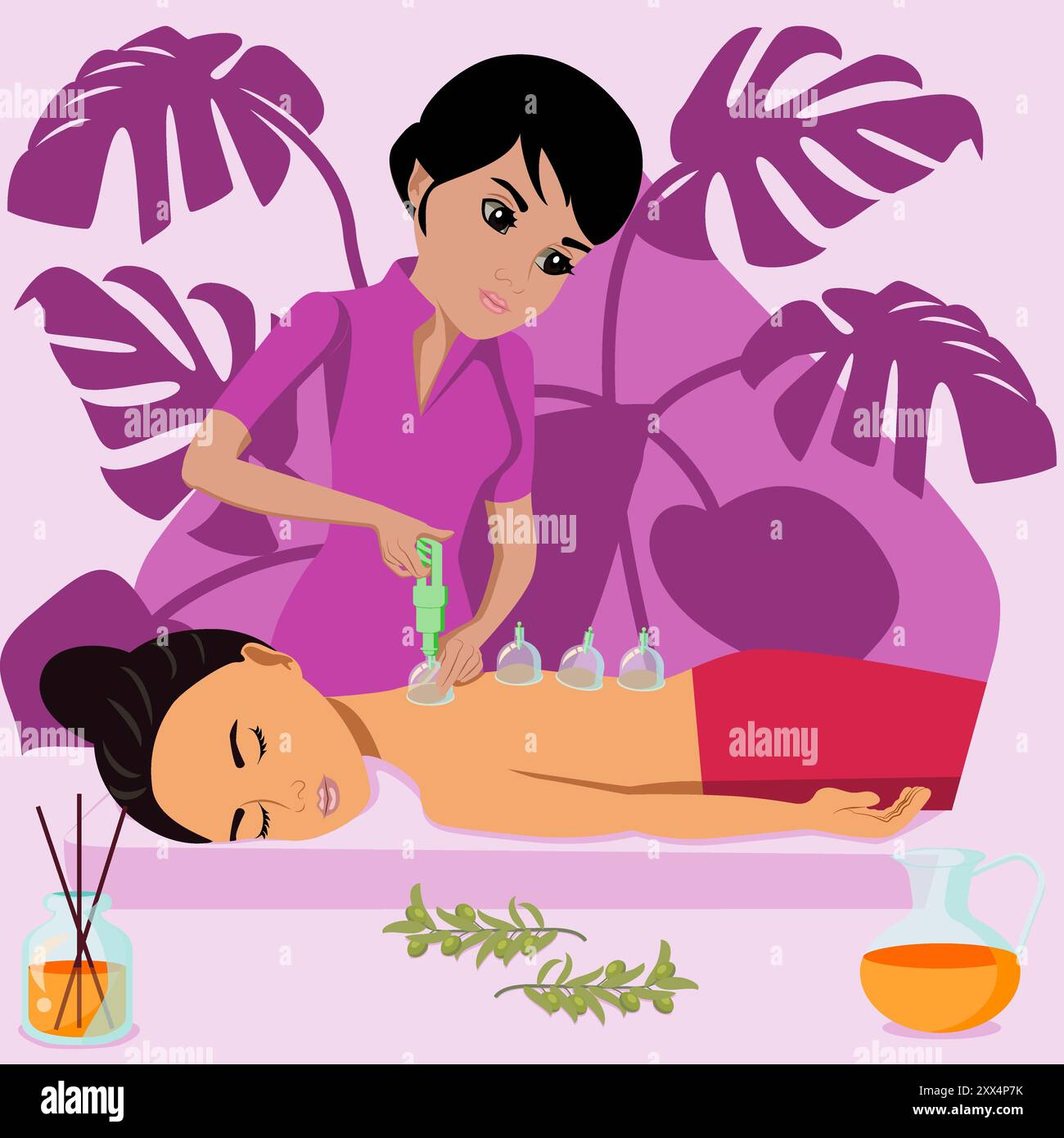 Tazza di massaggio. Trattamenti da terapista professionista nella spa. Terapia del vuoto. Illustrazione del vettore piatto isolato. Etnia indiana e orientale. Illustrazione Vettoriale