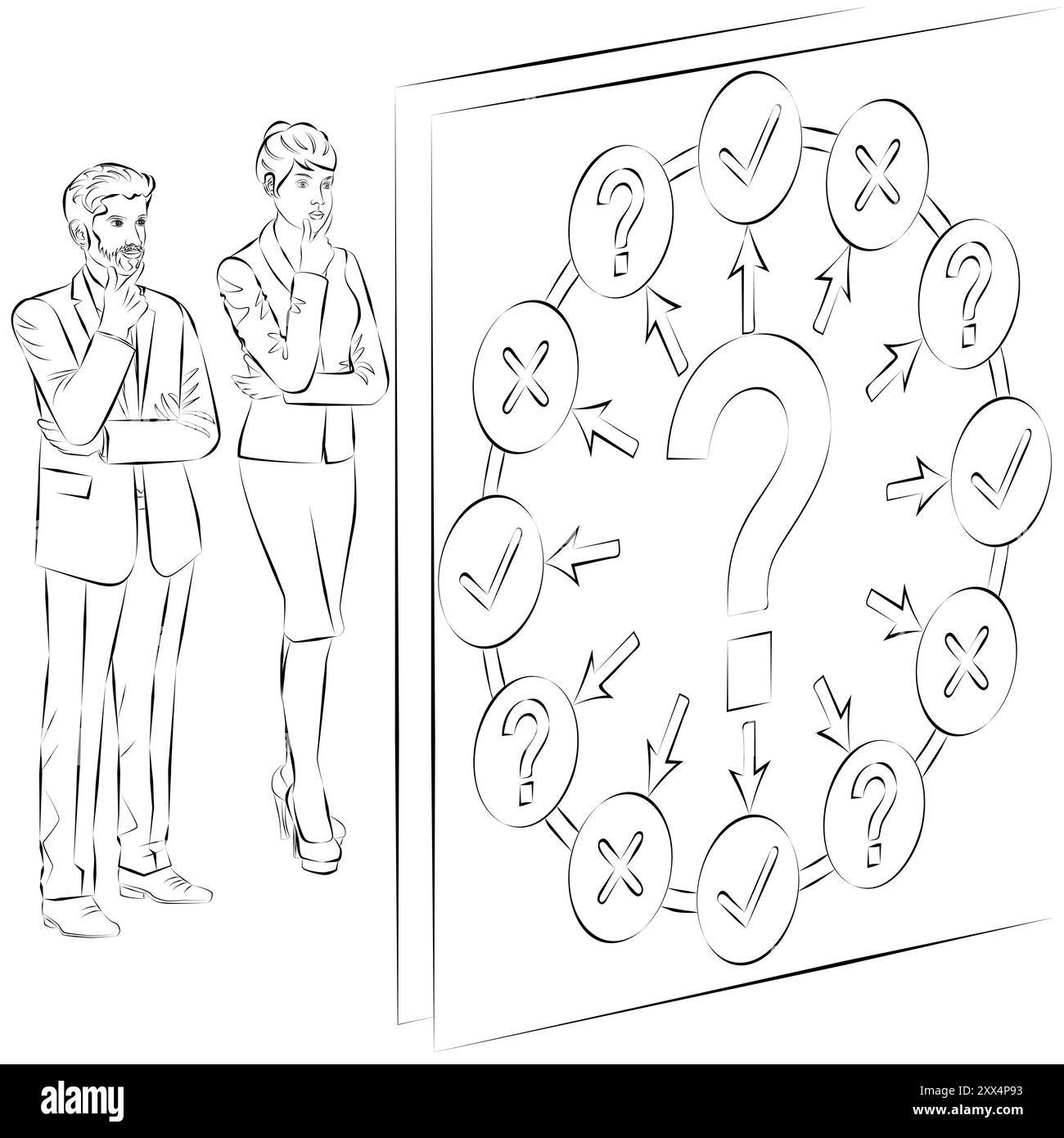 Uomo e donna pongono domande per identificare e comprendere il problema durante il processo decisionale. Concetto di business. Schizzo. Illustrazione vettoriale. Illustrazione Vettoriale