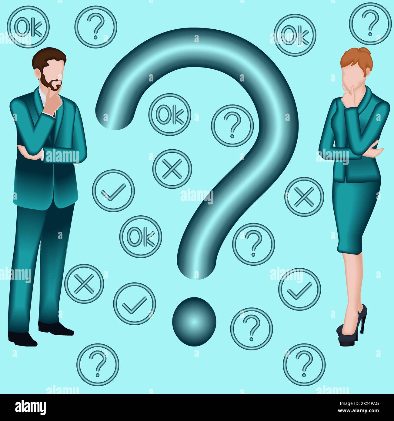 Uomo e donna pongono domande per identificare e comprendere il problema durante il processo decisionale. Concetto di business. Illustrazione vettoriale 2D. Illustrazione Vettoriale