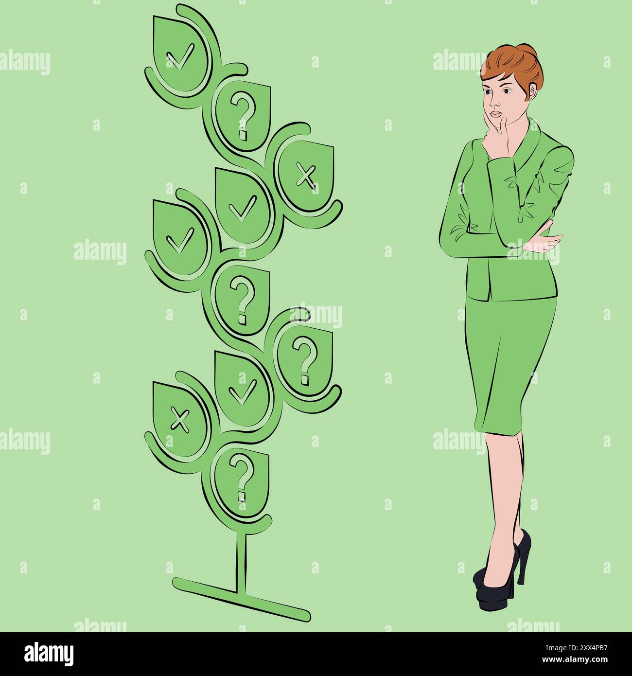 Donna che utilizza l'albero decisionale per identificare il problema o l'opportunità nel processo decisionale. Concetto di business. Illustrazione vettoriale. Illustrazione Vettoriale