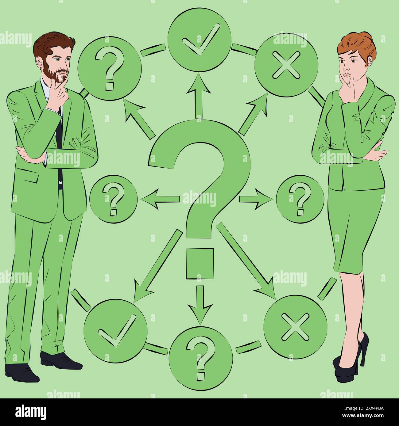Uomo e donna pongono domande per identificare e comprendere il problema durante il processo decisionale. Concetto di business. Illustrazione vettoriale. Illustrazione Vettoriale