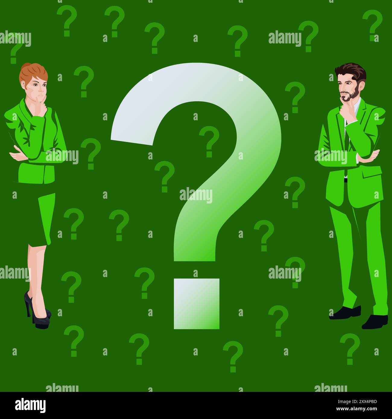 Uomo e donna pongono domande per identificare e comprendere il problema durante il processo decisionale. Concetto di business. Illustrazione vettoriale piatta. Illustrazione Vettoriale