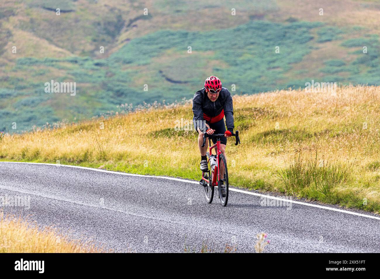 Un determinato ciclista sulla Sustrans National Cycle Route 7 (& Sea to Sea) ad un'altitudine di 550 metri sul Carrshield Moor vicino a Coalcleugh, Northumberland Foto Stock