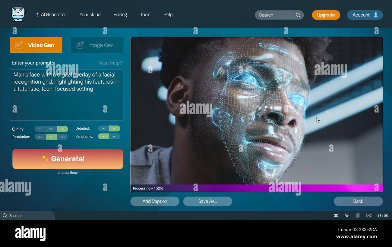 Interfaccia utente del generatore video ai. Il chatbot di intelligenza artificiale genera video dettagliati: Il volto dell'uomo con sovrapposizione della griglia di riconoscimento facciale digitale. Dai messaggi di testo ai video realistici generati dall'intelligenza artificiale. Foto Stock