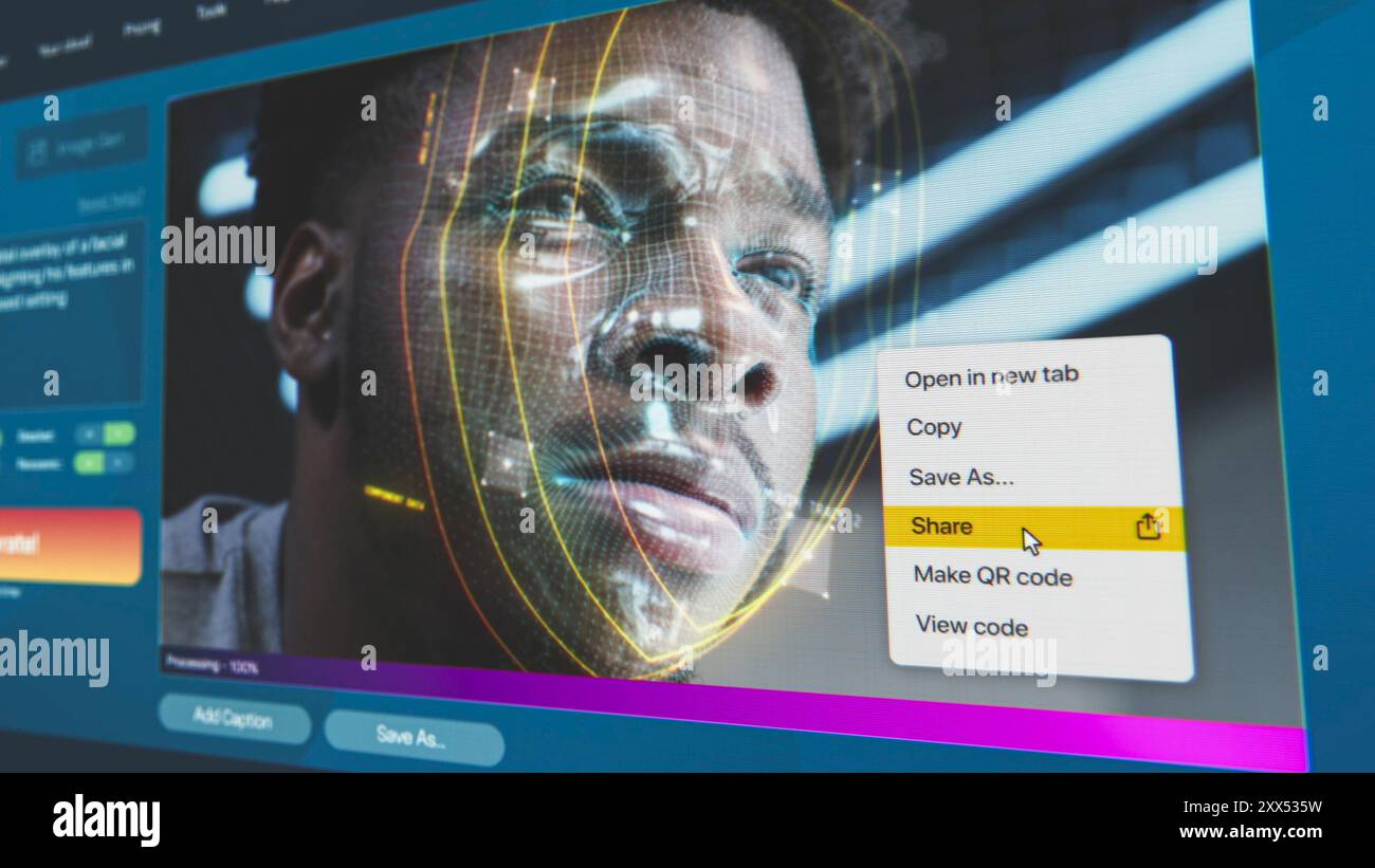 Interfaccia utente del generatore video ai. Il chatbot di intelligenza artificiale genera video dettagliati: Il volto dell'uomo con sovrapposizione della griglia di riconoscimento facciale digitale. Dai messaggi di testo ai video realistici generati dall'intelligenza artificiale. Foto Stock