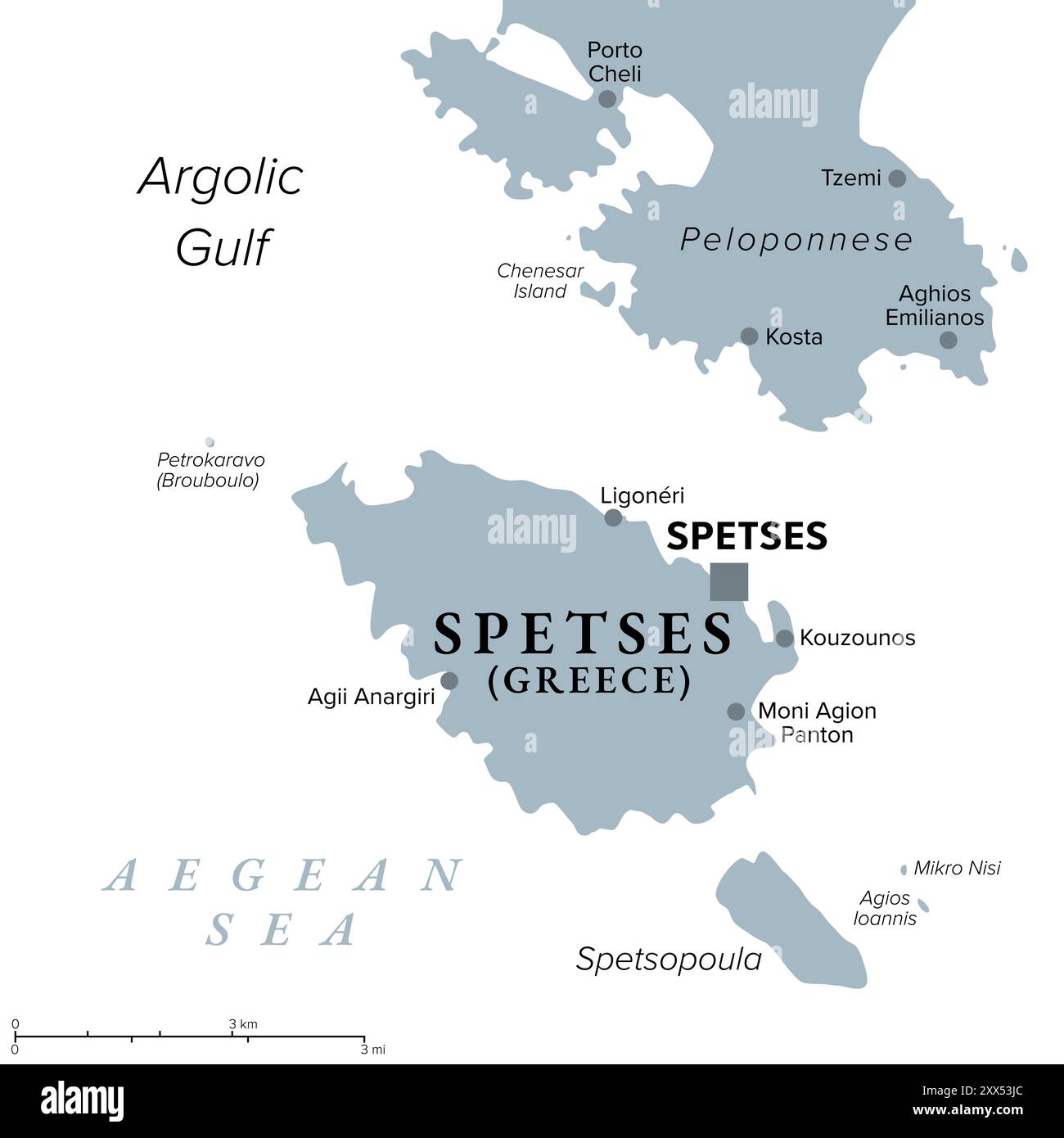 Spetses, isola greca, mappa politica grigia. Piccola isola e comune nel Mar Egeo e parte delle isole Saroniche. Foto Stock