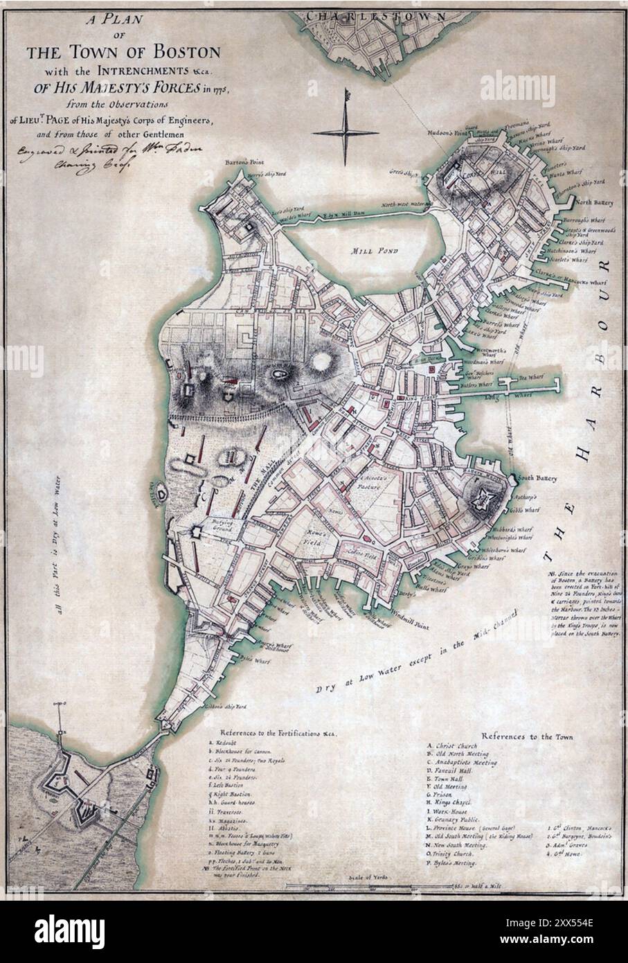 MAPPA DI BOSTON, Massachusetts, nel 1775 che mostra le posizioni militari britanniche. Foto Stock