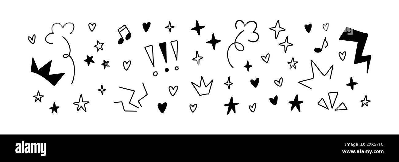 Set di elementi grunge emo doodle. Calligrafia di cuori, stelle, note musicali, movimenti ed espressioni di movimento. Scarabocchi a matita di pastelli. Graffiti punk bac Illustrazione Vettoriale