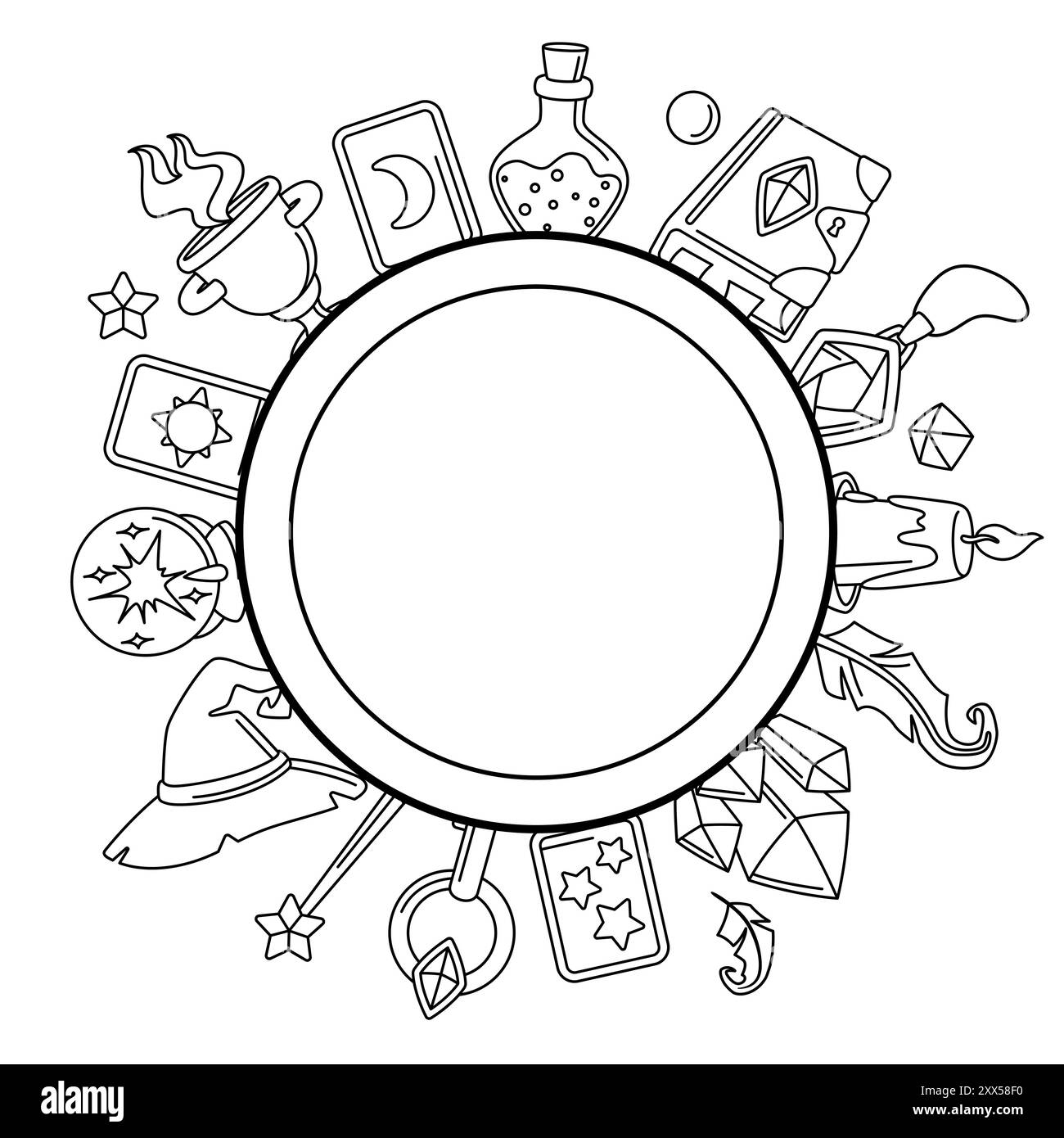 Sfondo con oggetti magici. Alchimia della stregoneria elementi misteriosi. Illustrazione Vettoriale