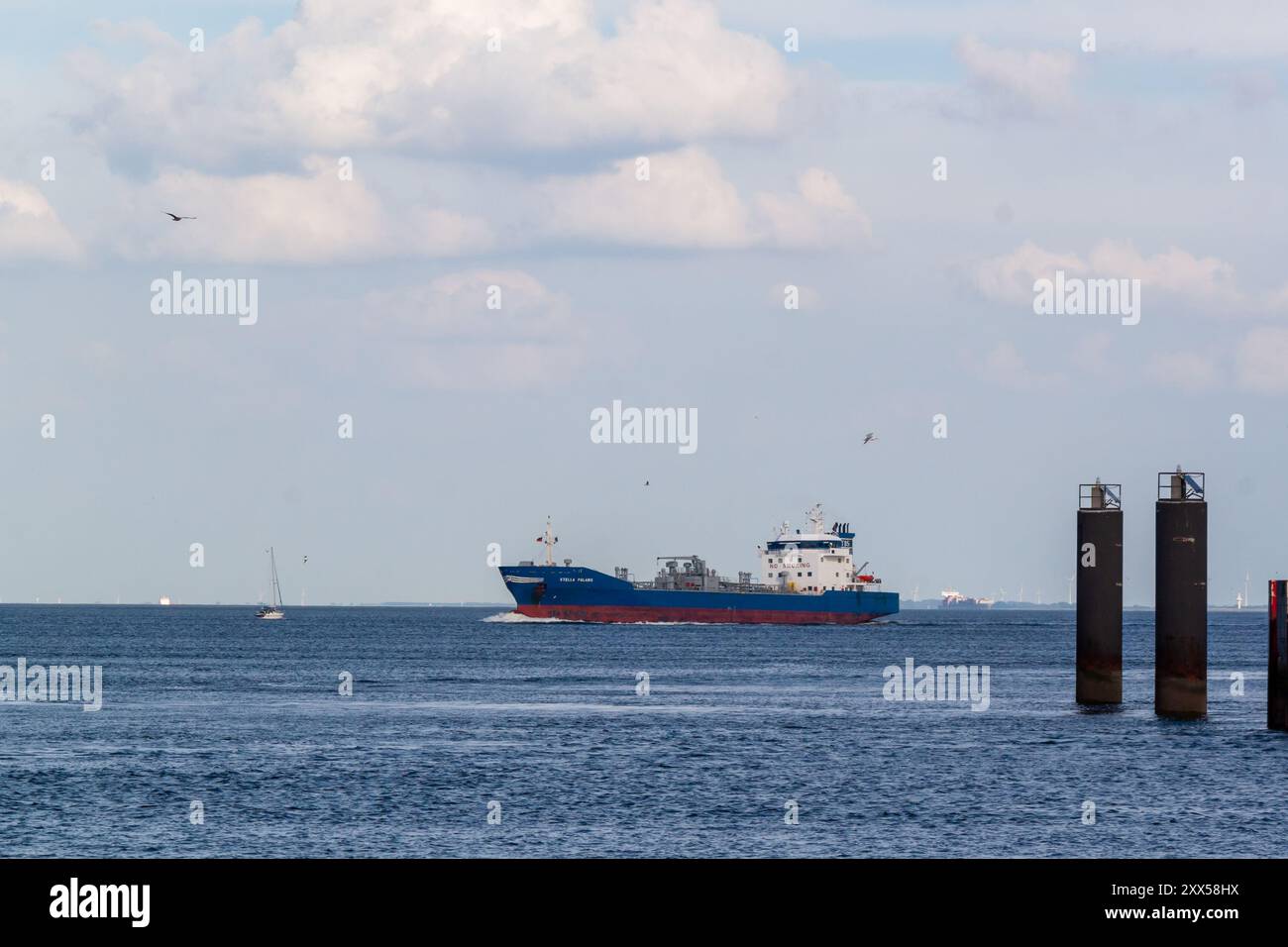 CUXHAVEN, GERMANIA - 15 AGOSTO 2024: STELLA POLARIS, una petroliera per prodotti chimici/petroliferi, battente bandiera olandese, passa davanti al porto di Cuxhaven. Foto Stock