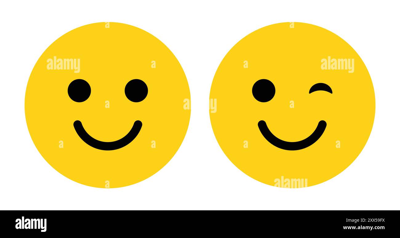 Sorridi e strizza l'occhio sul viso con emoji di colore giallo e nero. Faccia d'occhiolino. Emoji con occhiolino, divertente emoticon giallo con sorriso. Set di icone sorriso. Illustrazione Vettoriale