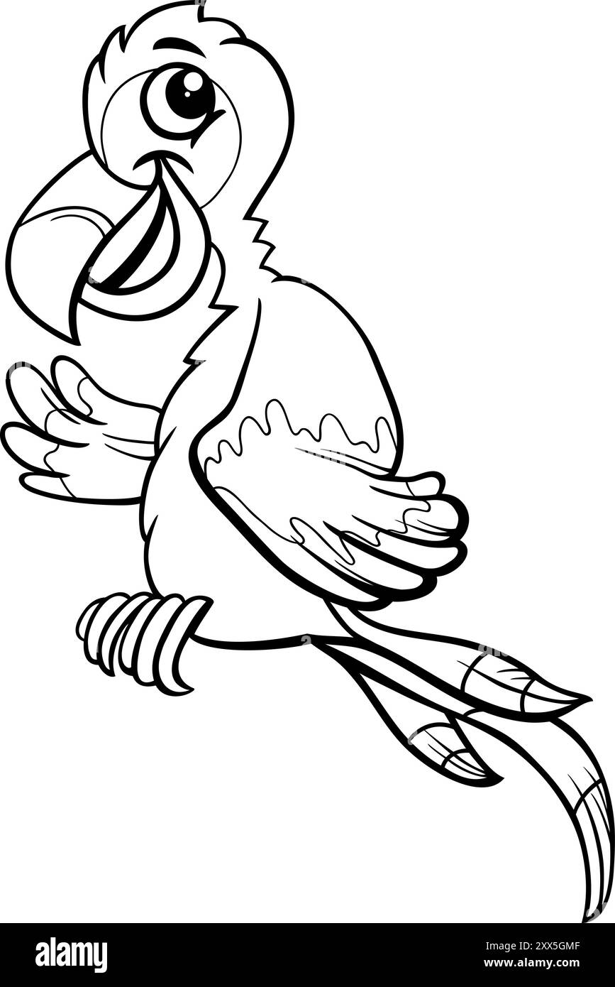 Illustrazione a cartoni animati di una pagina colorante divertente del personaggio di un animale da maca pappagallo Illustrazione Vettoriale