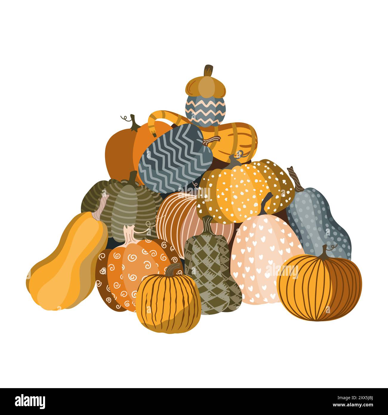 Una pila di carine zucche dipinte a doodle. Sfondo del raccolto per Halloween, Autunno o giorno del Ringraziamento. Illustrazione vettoriale Illustrazione Vettoriale