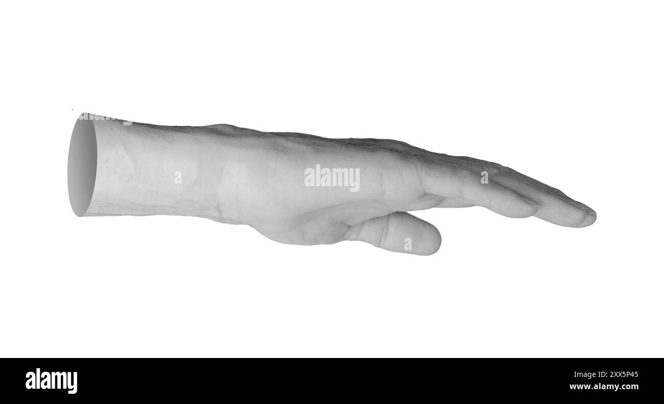 Misurazione e limitazione del movimento della mano. Mostra un cartello con il palmo piatto rivolto verso il basso, dimensioni di limitazione, altezza isolata su sfondo bianco. Foto Stock