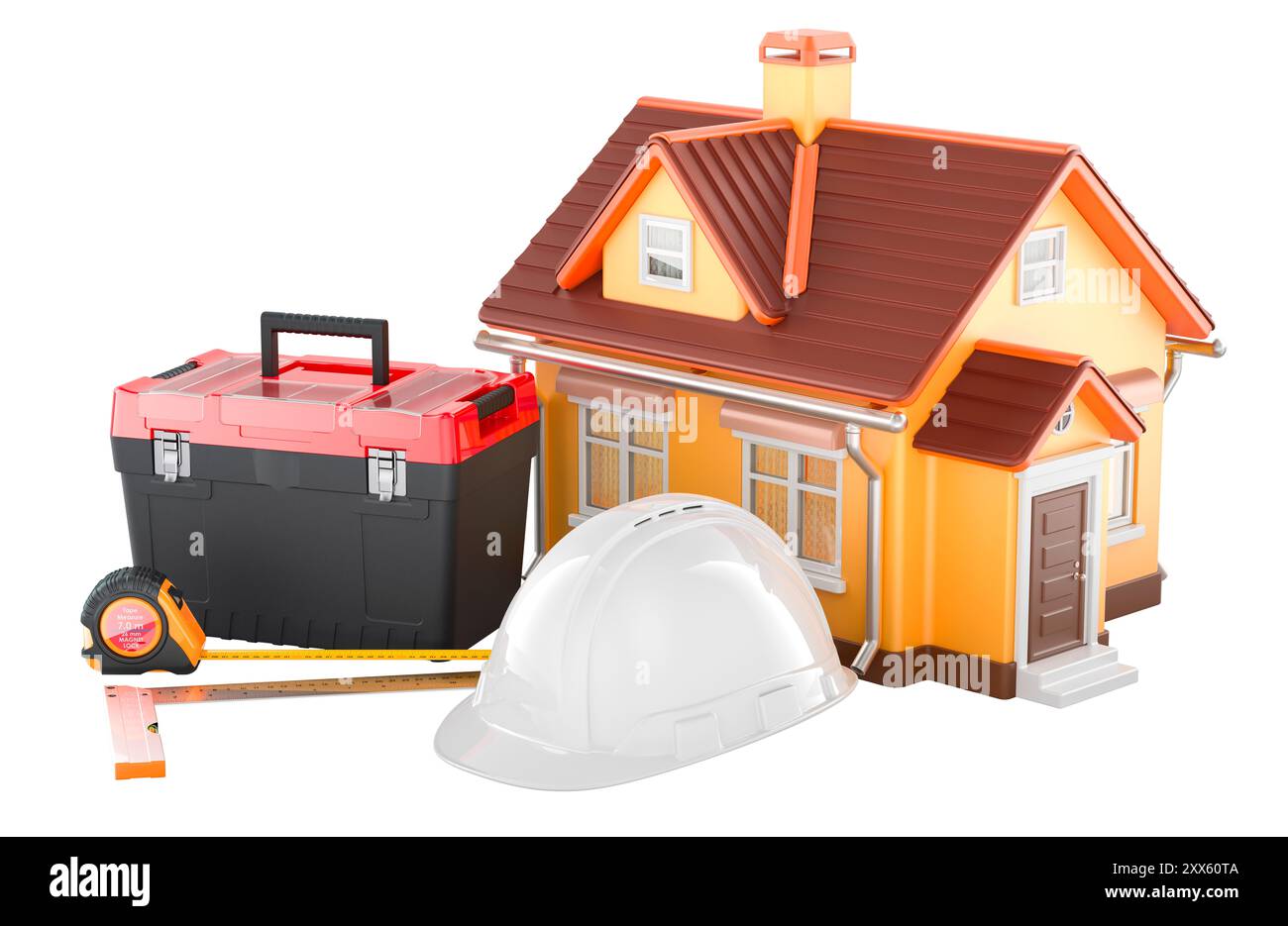 Costruzione e riparazioni di abitazioni, concetto. Casa con cassetta degli attrezzi e elmetto da costruzione. Rendering 3D isolato su sfondo bianco Foto Stock