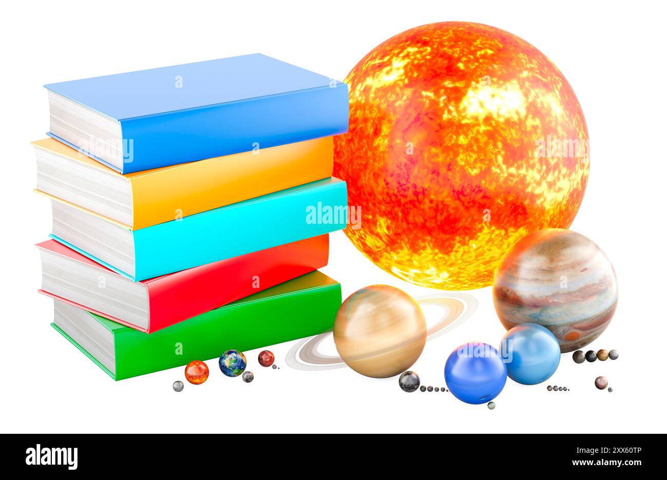 Pila di libri di testo con pianeti del sistema solare e satelliti. Rendering 3D isolato su sfondo bianco Foto Stock