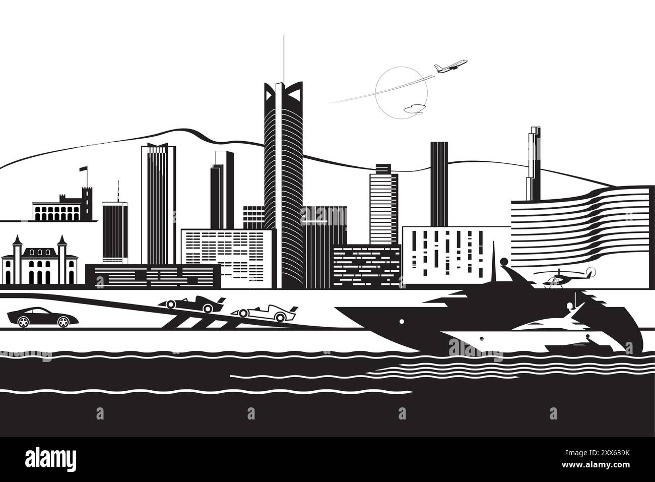 Paesaggio urbano di Monte Carlo dal mare – illustratore vettoriale Illustrazione Vettoriale