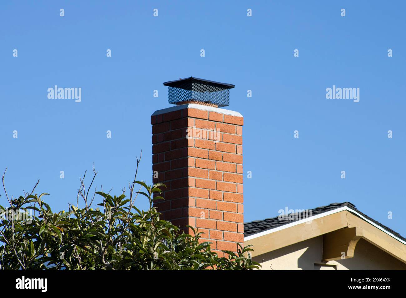 camino in mattoni rossi sul tetto della casa Foto Stock