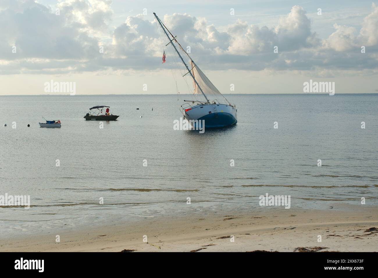 Ampia vista a est dal North Shore Park sulla baia di Tampa. Barca a vela blu e bianca danneggiata inclinata a destra con vele bianche e sventolamento della bandiera. Spiaggia di fronte Foto Stock