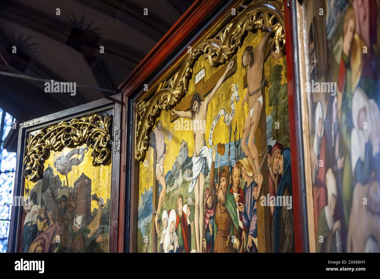Collegiata di San Giorgio a Tuebingen. Altare, altare della passione del 1520 del Maestro Scheuffelin. Tuebingen, Baden-Wuerttemberg, Germania, Europa Foto Stock