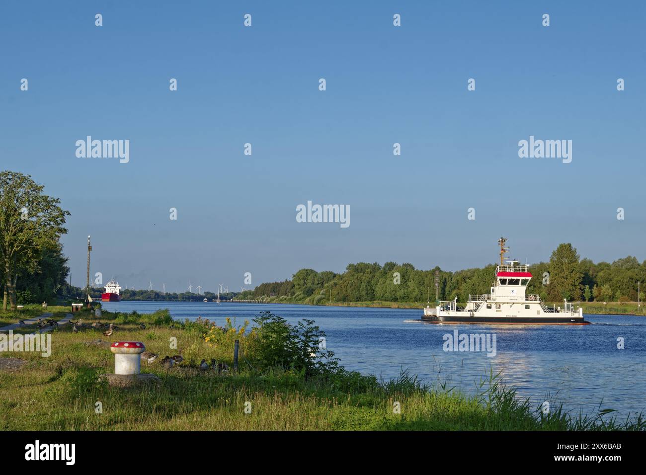 Il traghetto per il canale Stralsund attraversa il canale Kiel. Breiholz, Schleswig-Holstein, Germania, Europa Foto Stock
