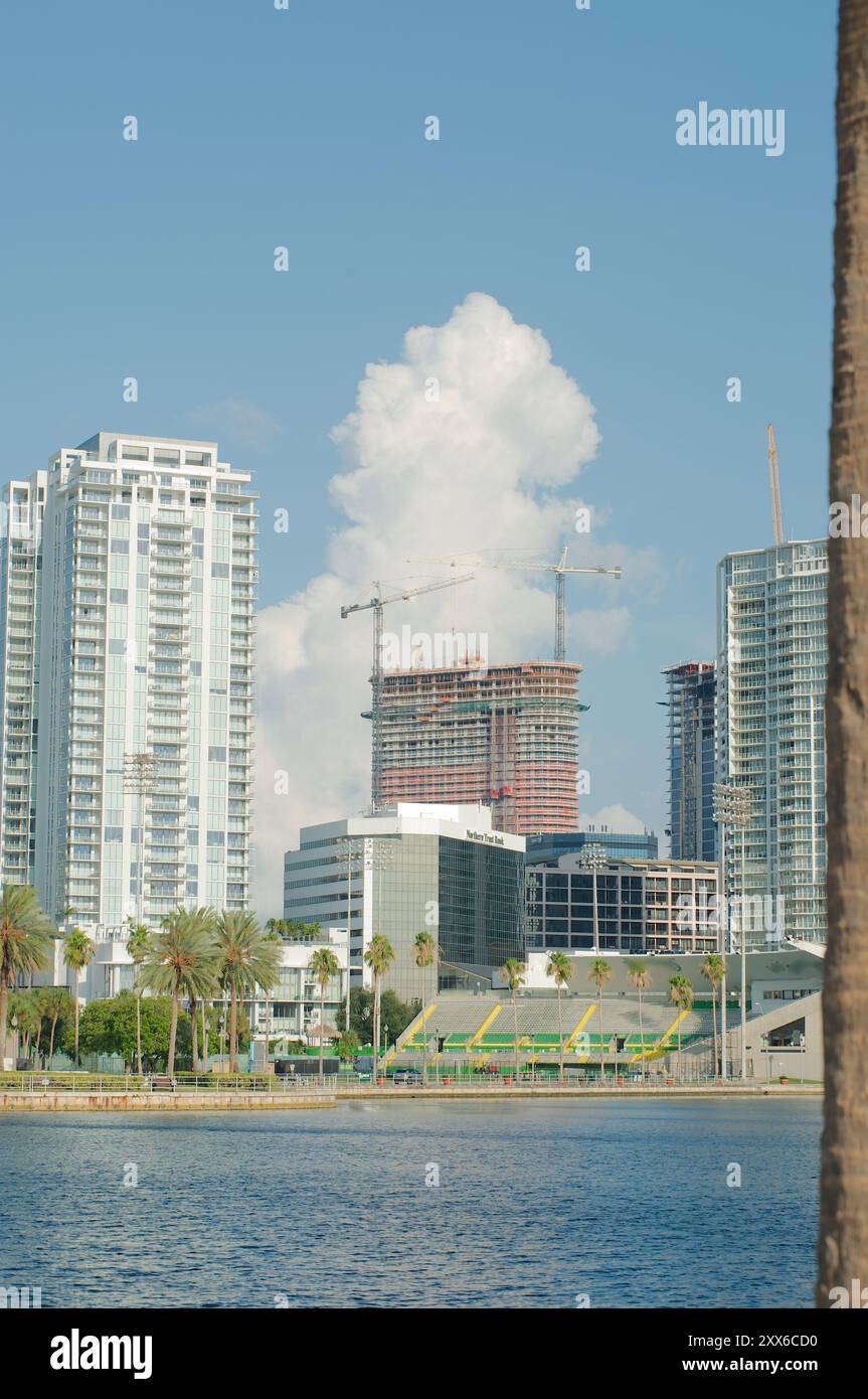 Ripresa verticale che guarda a nord dal Demens Landing Park sopra le acque azzurre fino al paesaggio urbano di St. Petersburg, Florida . Tronco di palma lato destro, Sail Foto Stock