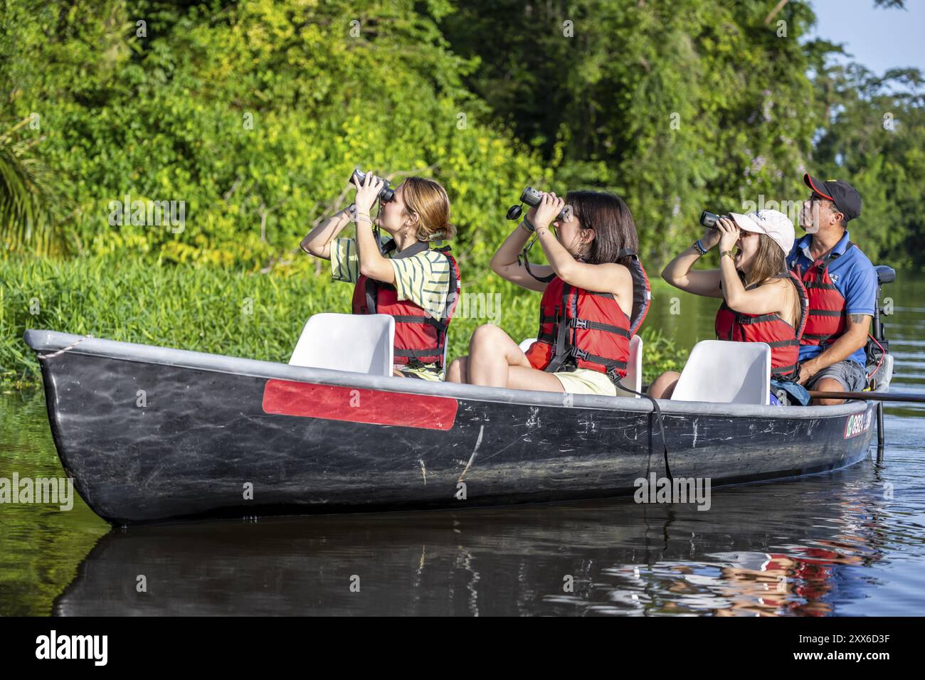 I turisti esplorano il fiume nella foresta pluviale in barca, la fitta vegetazione, il Parco Nazionale di Tortuguero, la Costa Rica, l'America centrale Foto Stock