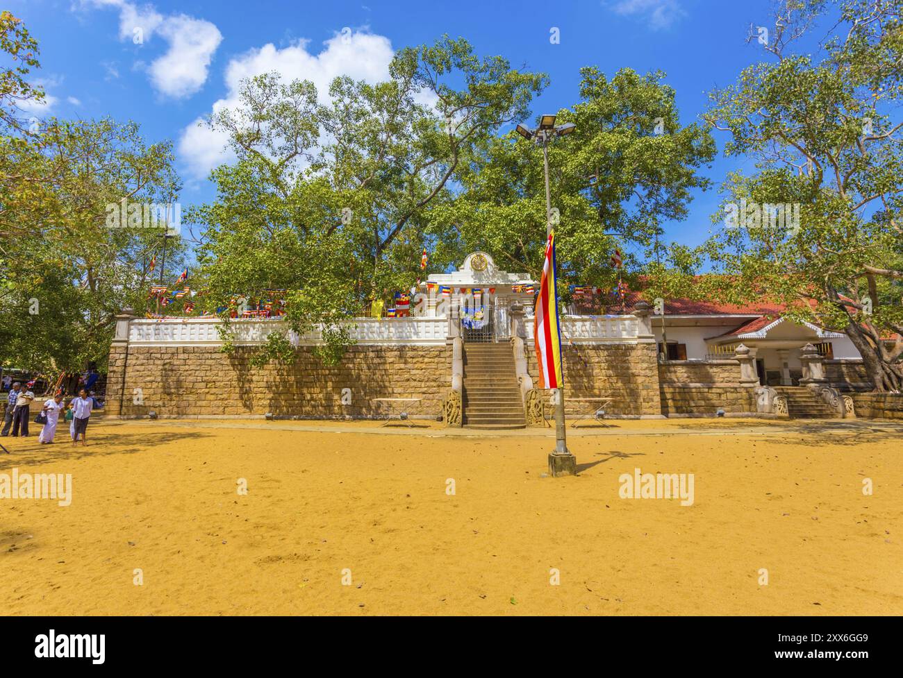 Anuradhapura, Sri Lanka, 7 febbraio 2015: Campi di terra e gradini composti a sud portano al sacro albero di fico di Jaya Sri Maha Bodhi o Bodhiya su un cielo blu da Foto Stock