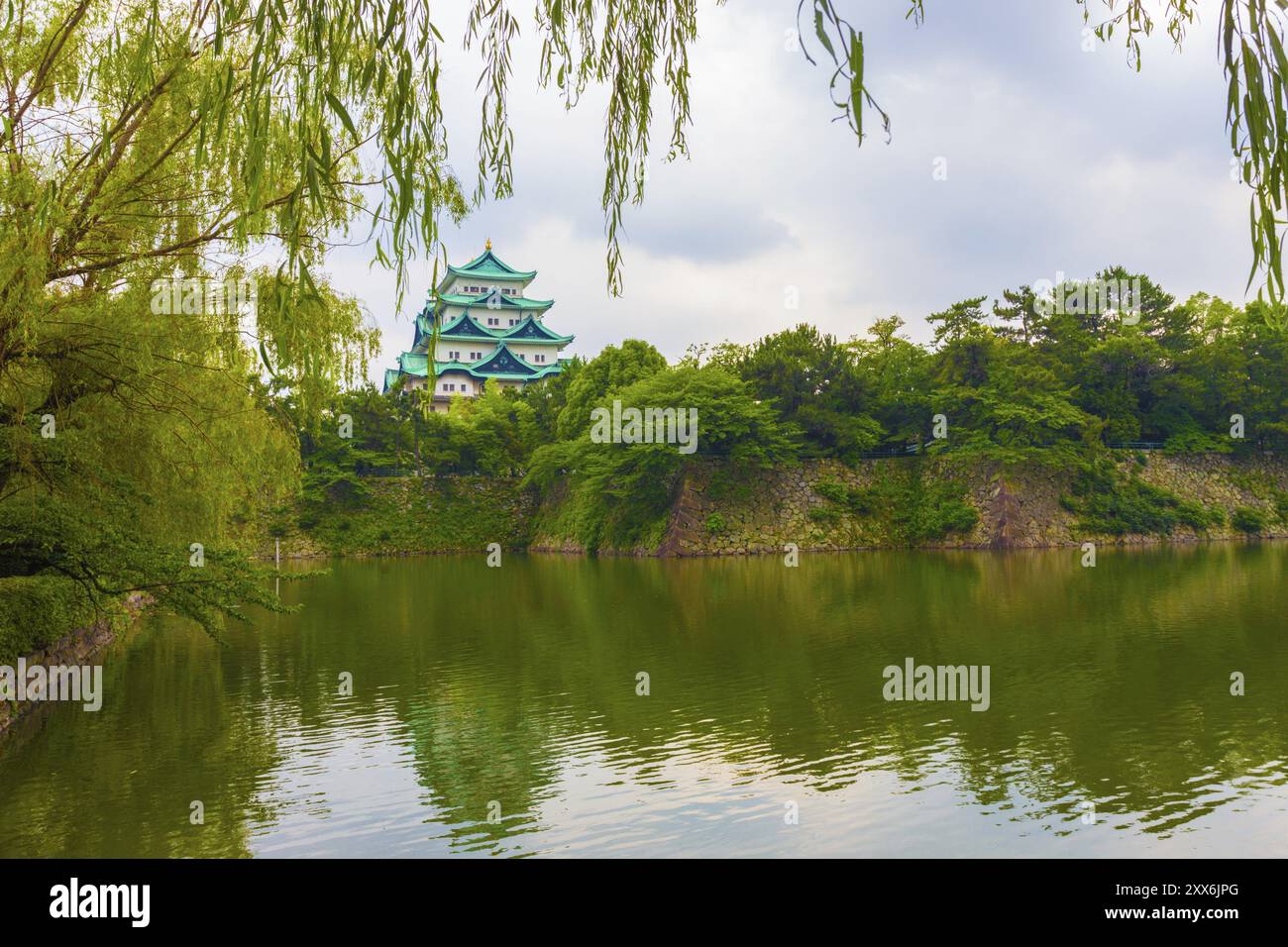 Appendere il telaio lascia lo storico Castello di Nagoya roccaforte splendidamente riflesso in un fossato acquosi e forte baluardo murato in Giappone. Posizione orizzontale Foto Stock