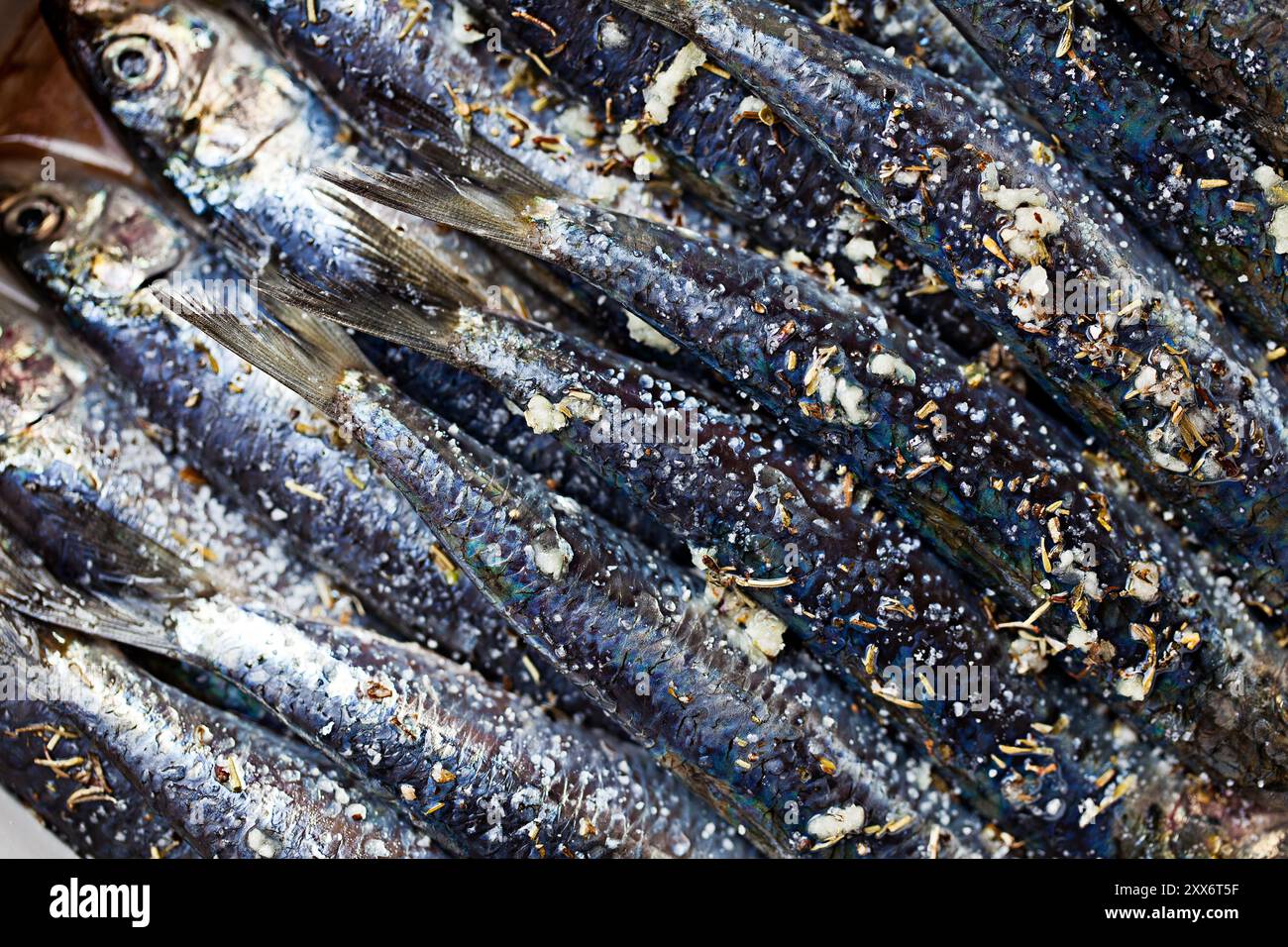 Sardine fresche davanti alla griglia con KR Foto Stock