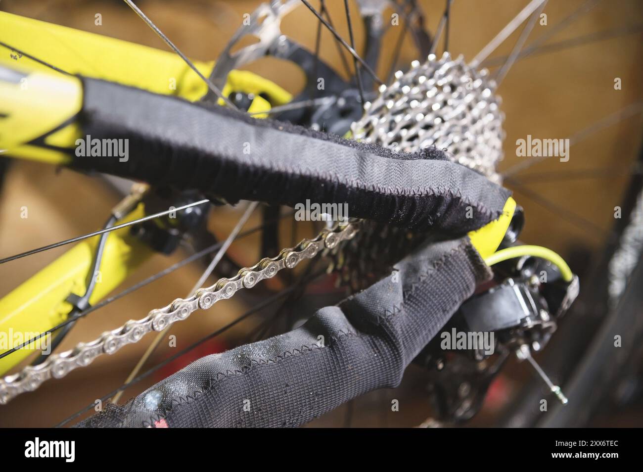 Primo piano Vista della moto in riparazione. Primo piano del cassetto degli ingranaggi. Servizio di artigianato per mountain bike. Guida alla riparazione del sito Foto Stock