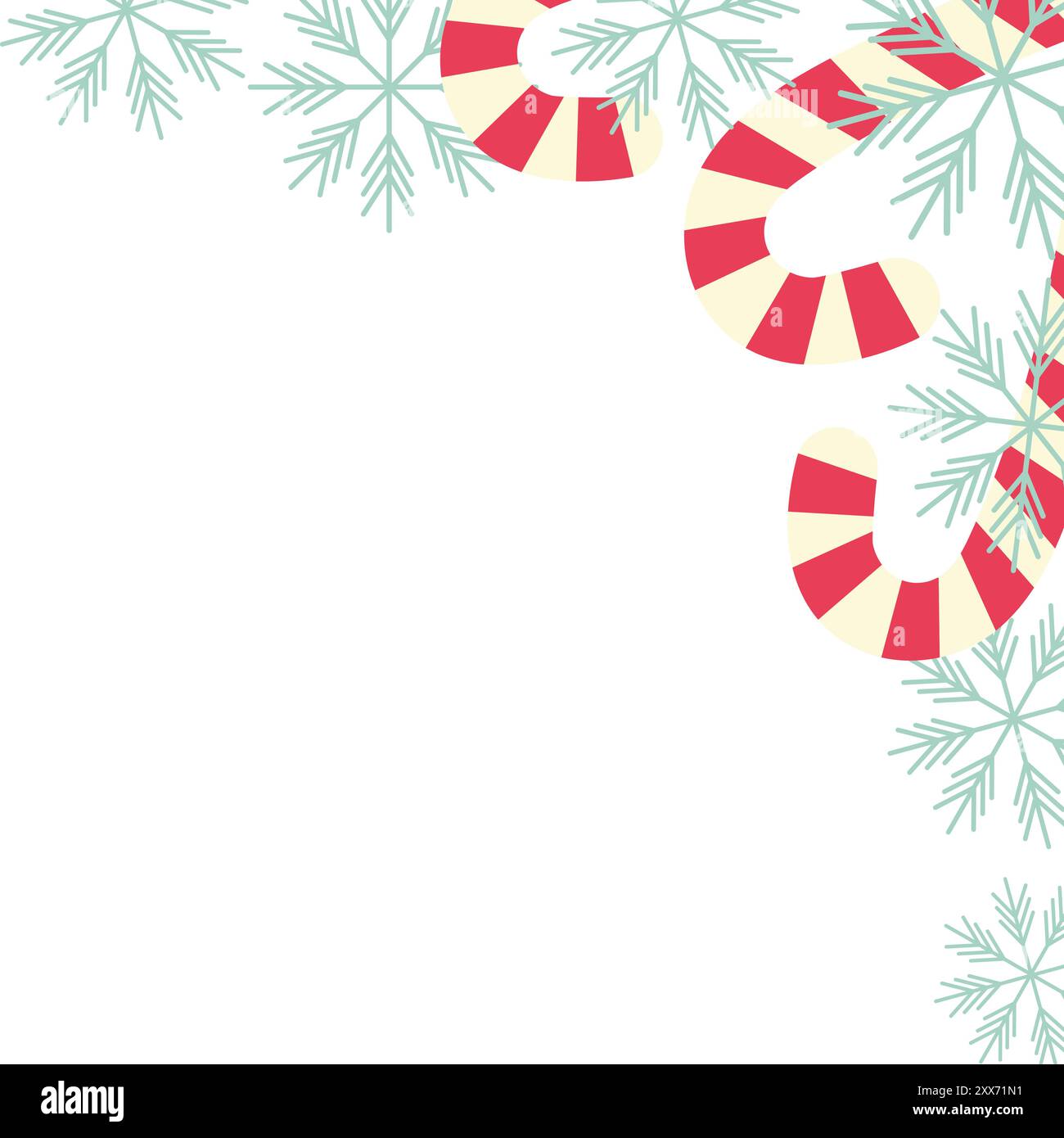 Cornice d'angolo superiore per le feste con bastoncini di caramelle e fiocchi di neve Design isolato Greetings spazio copia. Lettere, iscrizioni, biglietti, poster, striscioni, etichetta o modello di illustrazione vettoriale promozionale Web Illustrazione Vettoriale